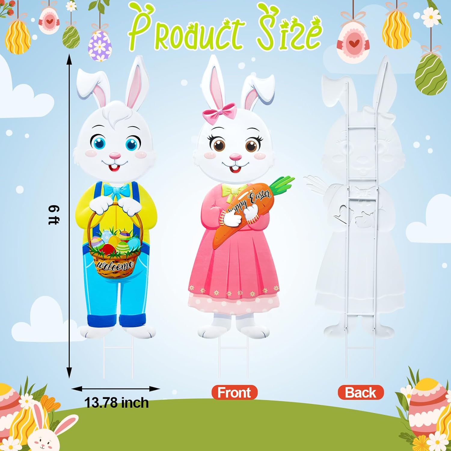 Gisafai 2 Pcs 6ft Large Metal Easter Bunny Yard Sign with Stakes Cute Easter Yard Outdoor Decorations Bunnies Lawn Sign Soldier for Garden Pathway Walkway Spring Holiday Party