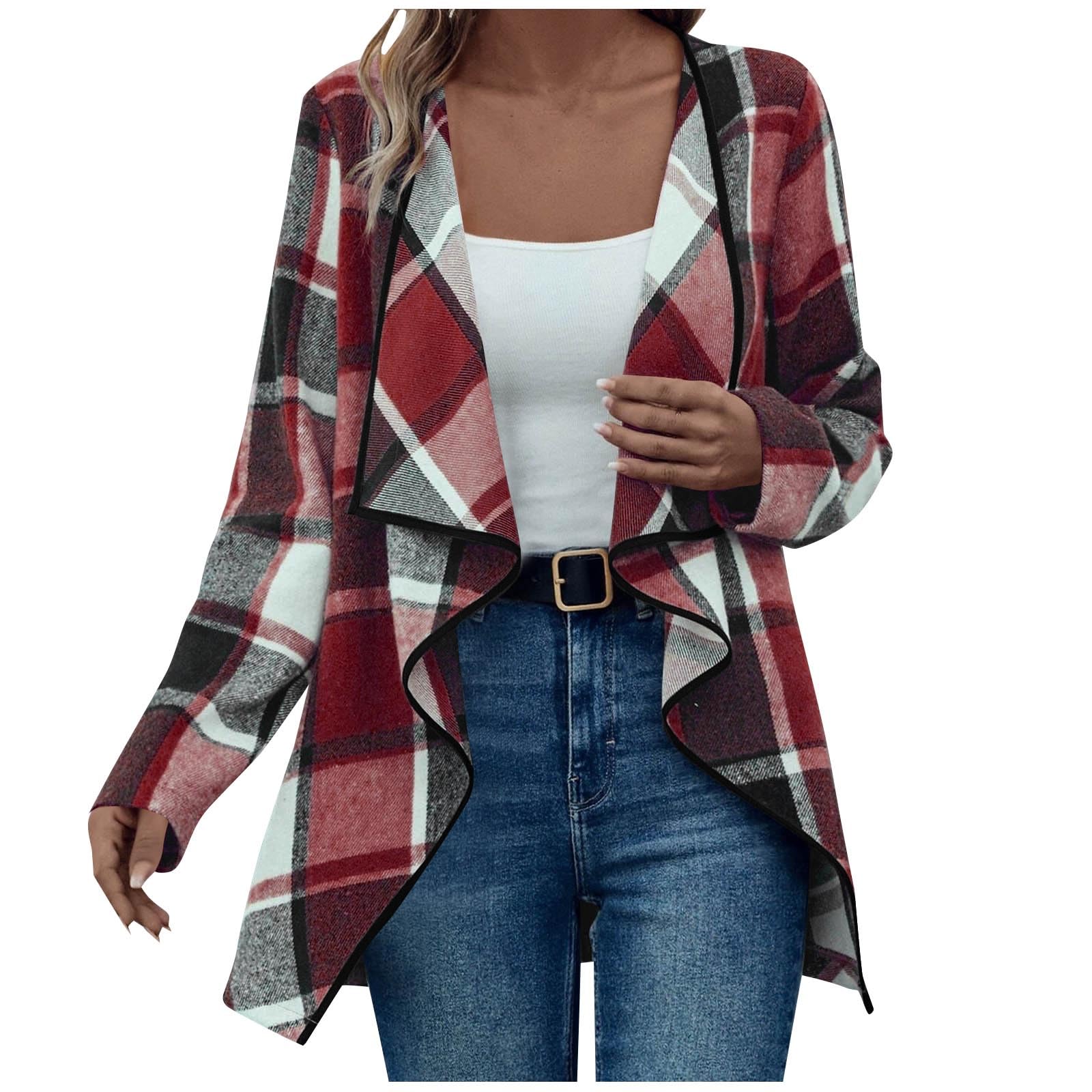 Womens Flannel Plaid Shawl Collar Cardigan Open Front Ruffle Neck Jacket Buffalo Shacket Fashion Fall Color Block Outfit