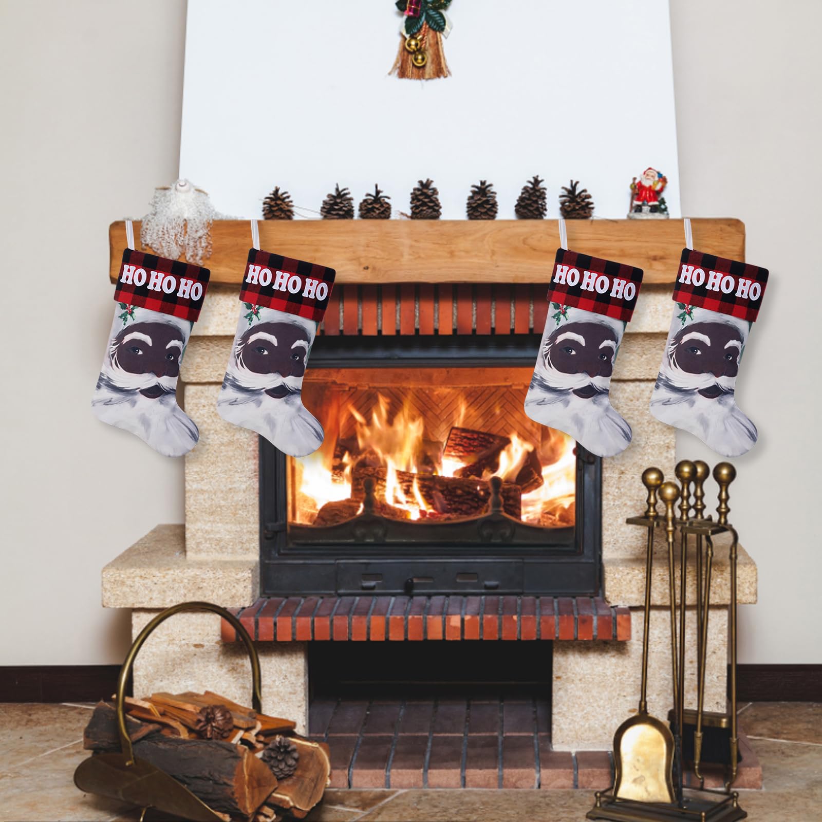 Calcetín de Navidad de Papá Noel negro de 19 pulgadas con bordado, Papá Noel afroamericano para decoración navideña