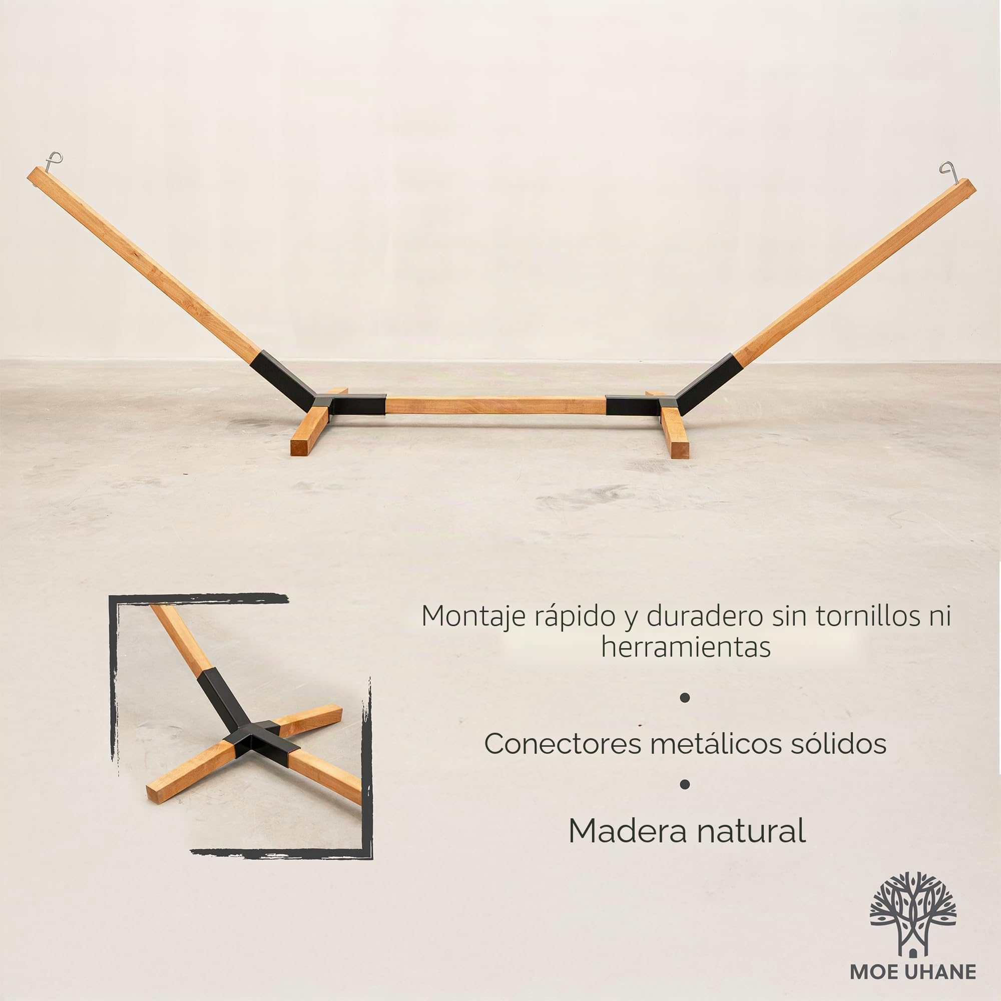 MOE UHANE Hamaca de Madera para jardín y hogar, Montaje rápido sin Tornillos ni Herramientas, Madera Natural y compuestos metálicos, Compacto, 100% ecológico