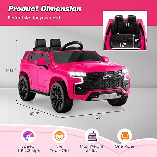Miniatura 8 de HONEY JOY Camión para montar, Chevrolet Tahoe con licencia de 12 V, vehículo eléctrico Chevy para niños, arranque suave, música, luces, juguete de