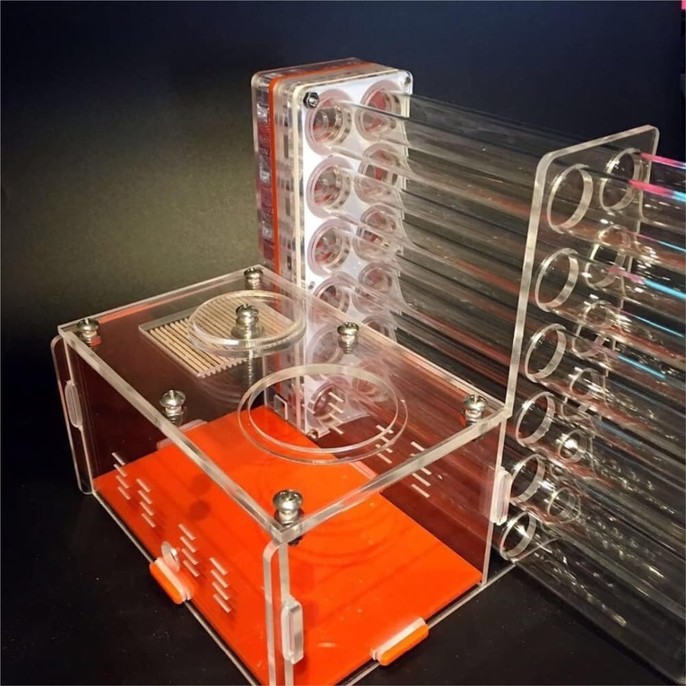 Formicario para Hormigas, Hormiguero con Zona De Alimentación Y 12 Tubos Ensayo, Vidrio Acrílico, Naranja, 15 cm