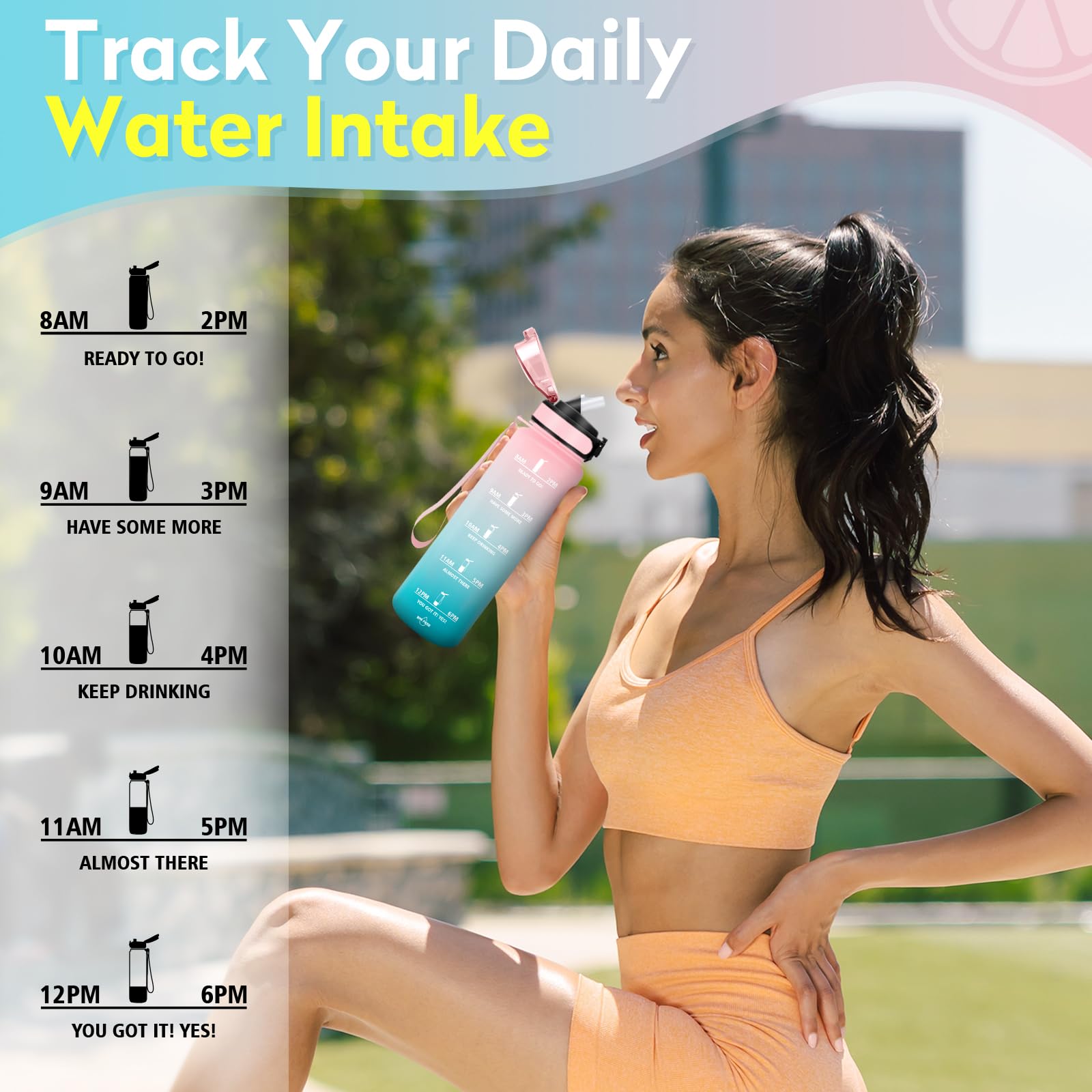 Borraccia con Cannuccia, 1 Litro BPA Free, Borraccia Palestra, Scala Temporale, Borracce Motivazionale, con Bocca Larga e Coperchio Antigoccia, Bottiglia Acqua, Ideale per Scuola, Ufficio, Palestr