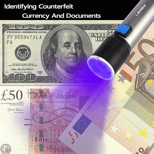 Miniatura 5 de LEAGY Paquete de 2 mini linterna UV recargable de 395 nm con USB, zoom, brillo ajustable para caza de escorpiones, detección de falsificaciones,