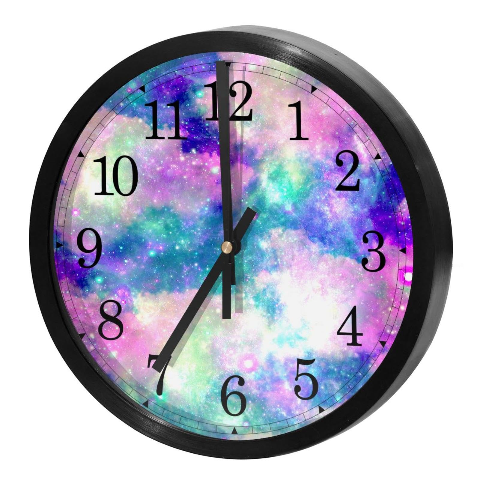 Horloge murale silencieuse à quartz ronde sans tic-tac motif nébuleuse étoilée pour la cuisine