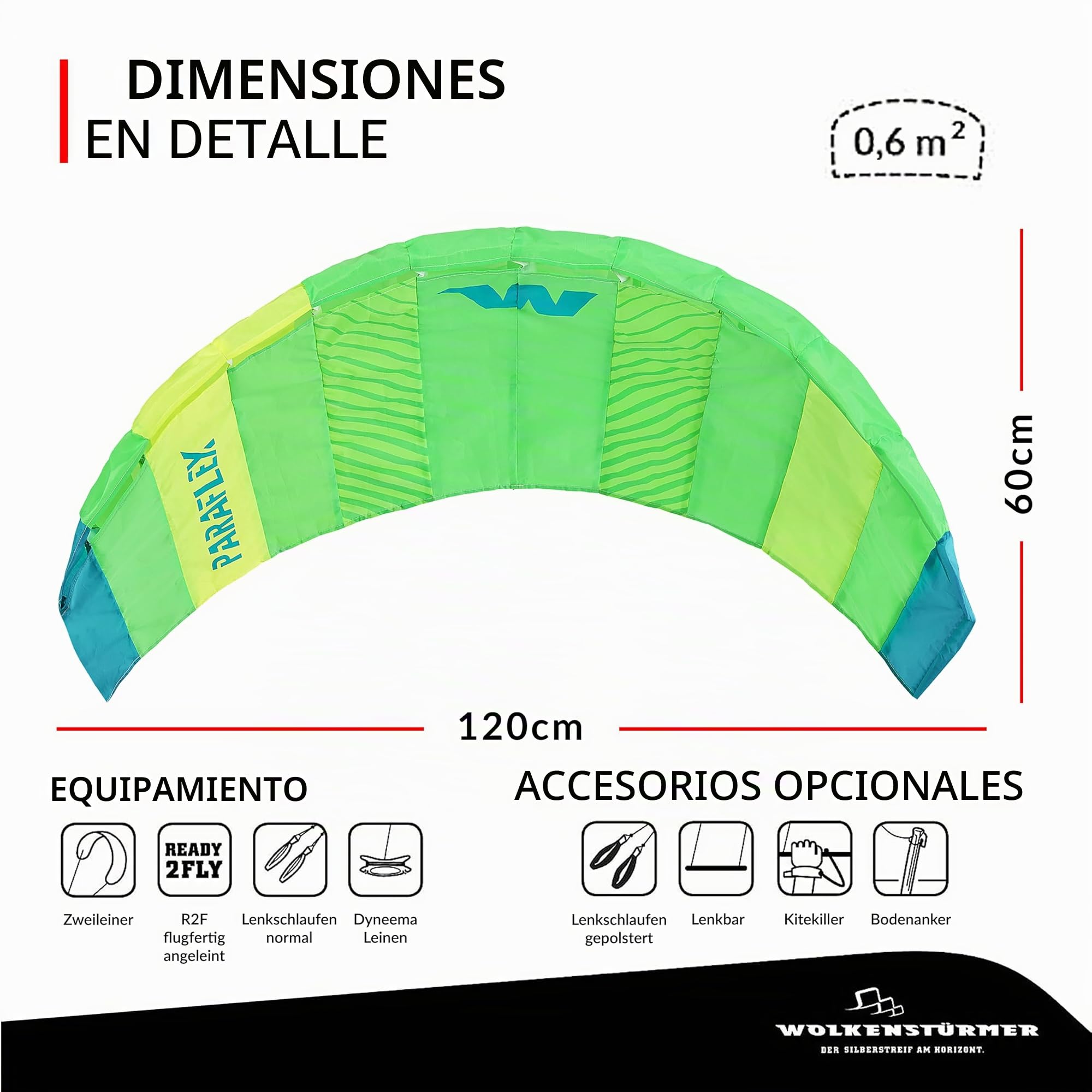 Wolkenstürmer Alfombrillas de dirección Paraflex Basic 1.2, Verde - Cometas Listas para Volar de 2 líneas para Principiantes y niños Cometas acrobáticas