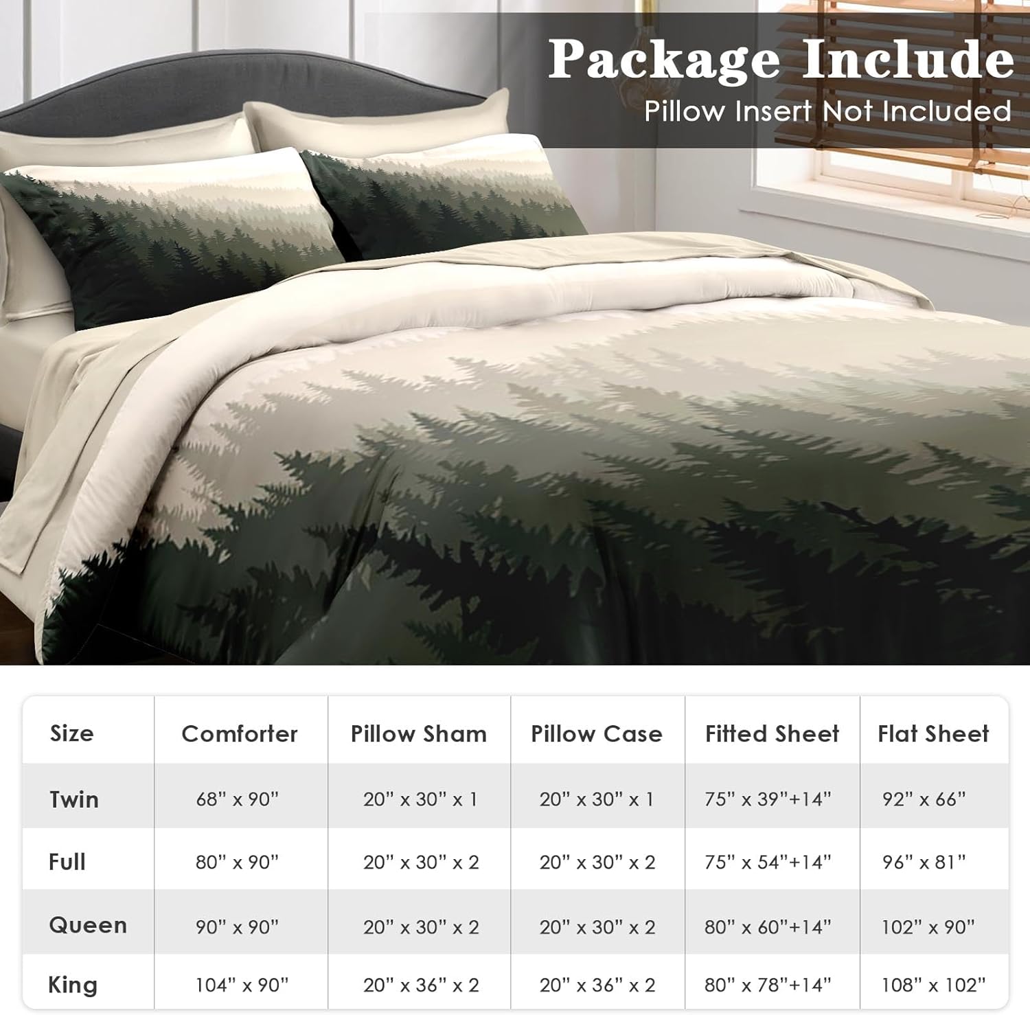 Pamnest Comforter Set Queen Size, Mountain Pine Tree 7 Pcs Bedding for Kids and Adults, Natural Forest Landscape Bed Sheet Sets with Fitted Sheet 2 Pillowcases & 2 Shams