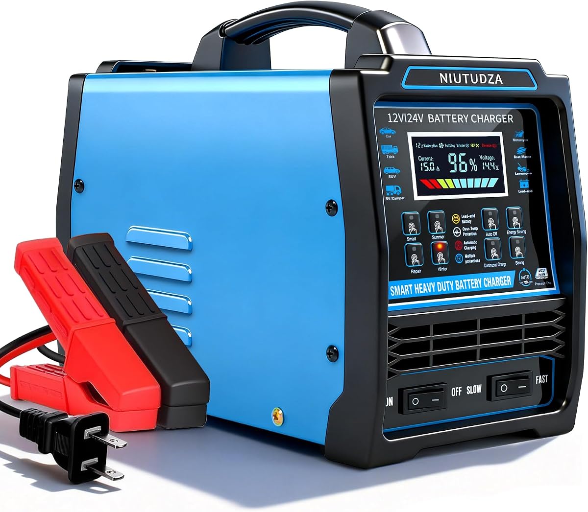 12V 24V Car Battery Charger Heavy Duty 0-15A Automatic Battery Maintainer | Smart Trickle Charger with Fast & Slow, Auto Shutoffs, Repair, Winter Mode for Car Truck Motorcycle Lawn Mower Boat