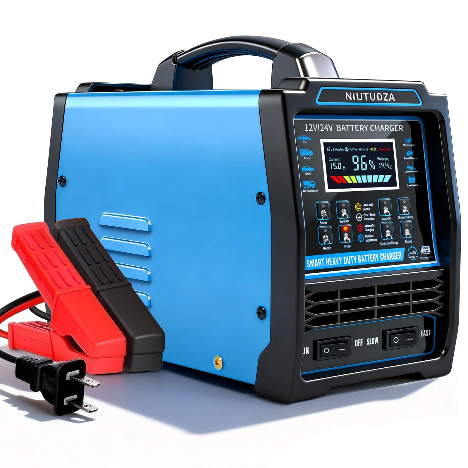 Caricabatterie per auto resistente, 12 V/24 V, 0-15 A, caricatore automatico per batteria, caricabatterie intelligente con spegnimento rapido e lento, spegnimento automatico, riparazione, modalità