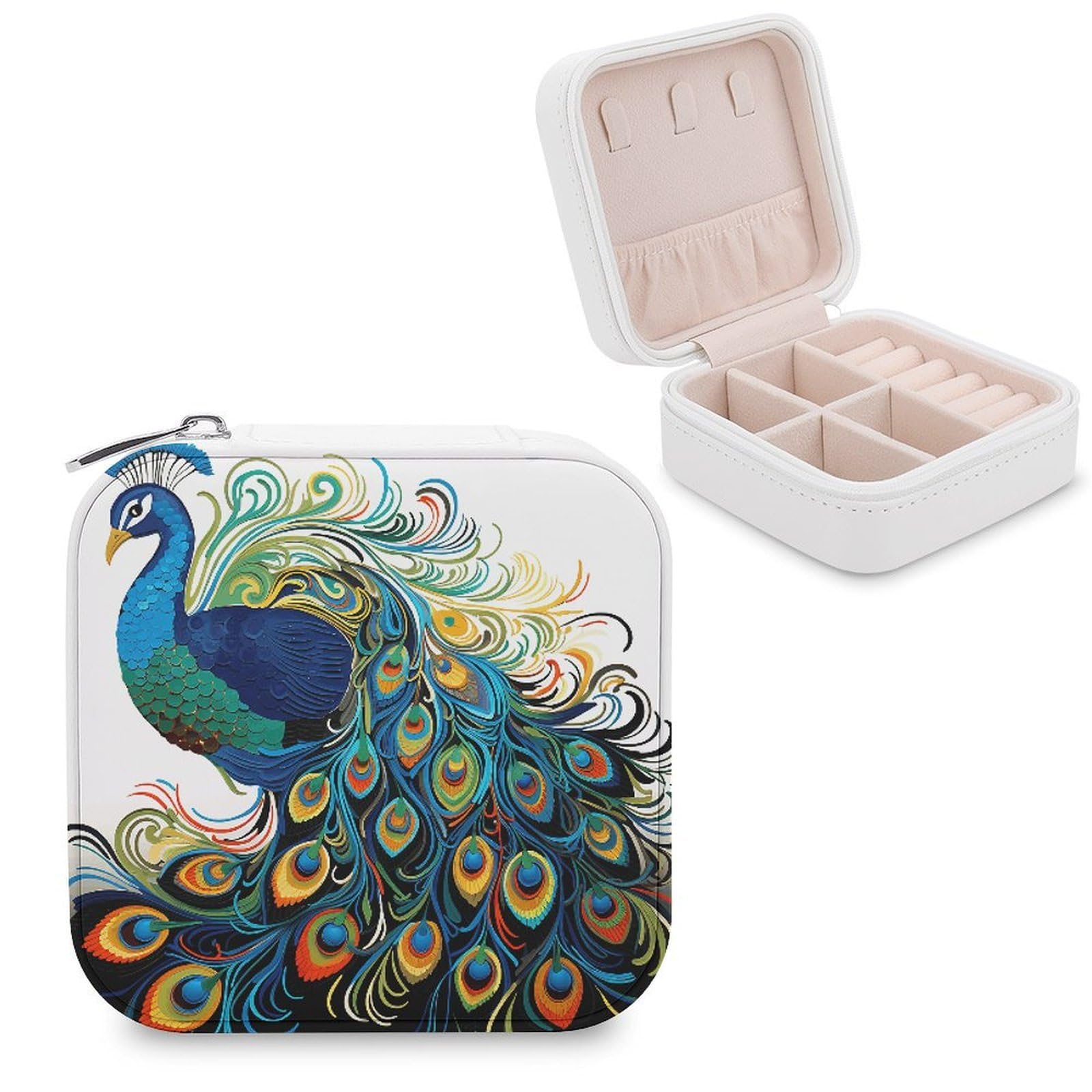 VstaDank Peacock Pattern Travel Jewelry Case Zipper Portable Small Jewelry Box Custom Pu Leather Mini Traveling Jewelry Organizer for Rings Earrings Necklace Bracelet Girls Women