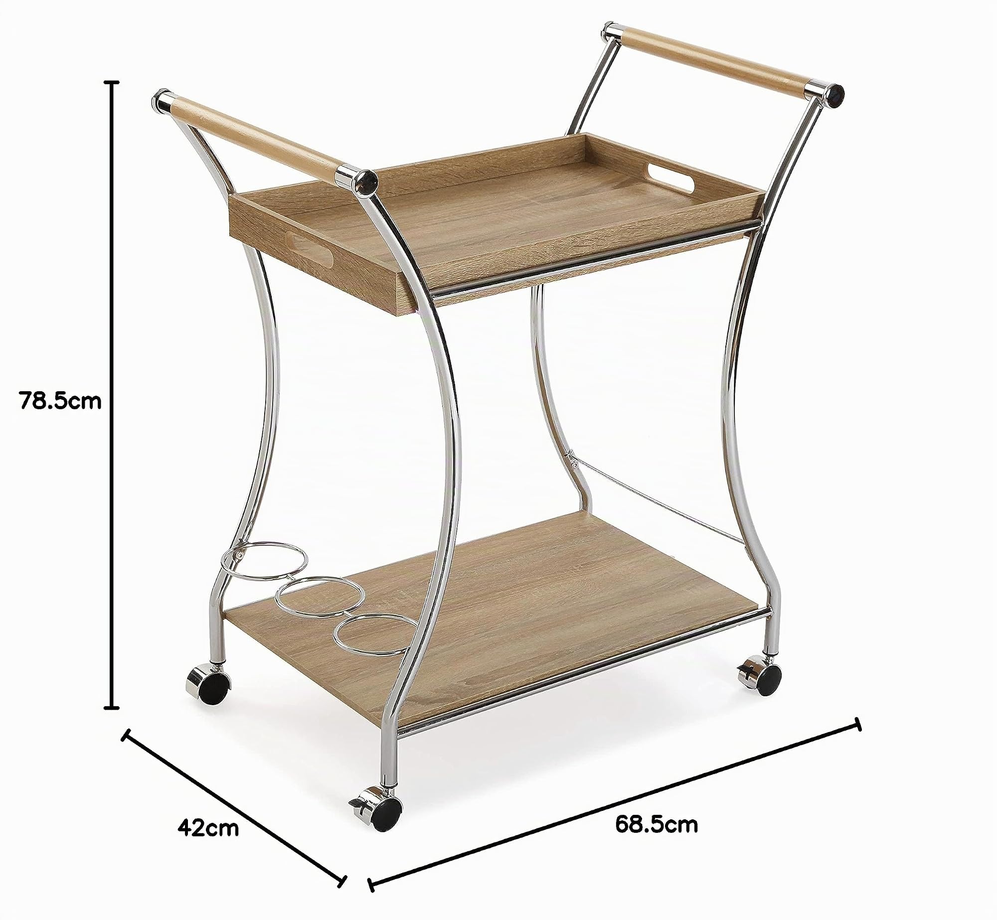 Versa Carro de Servicio Acabado Madera de Estilo Versátil, Medidas(Al x L x An) 78,5 x 42 x 68,5 cm, Madera MDF,Metal Cromado, Color Marrón