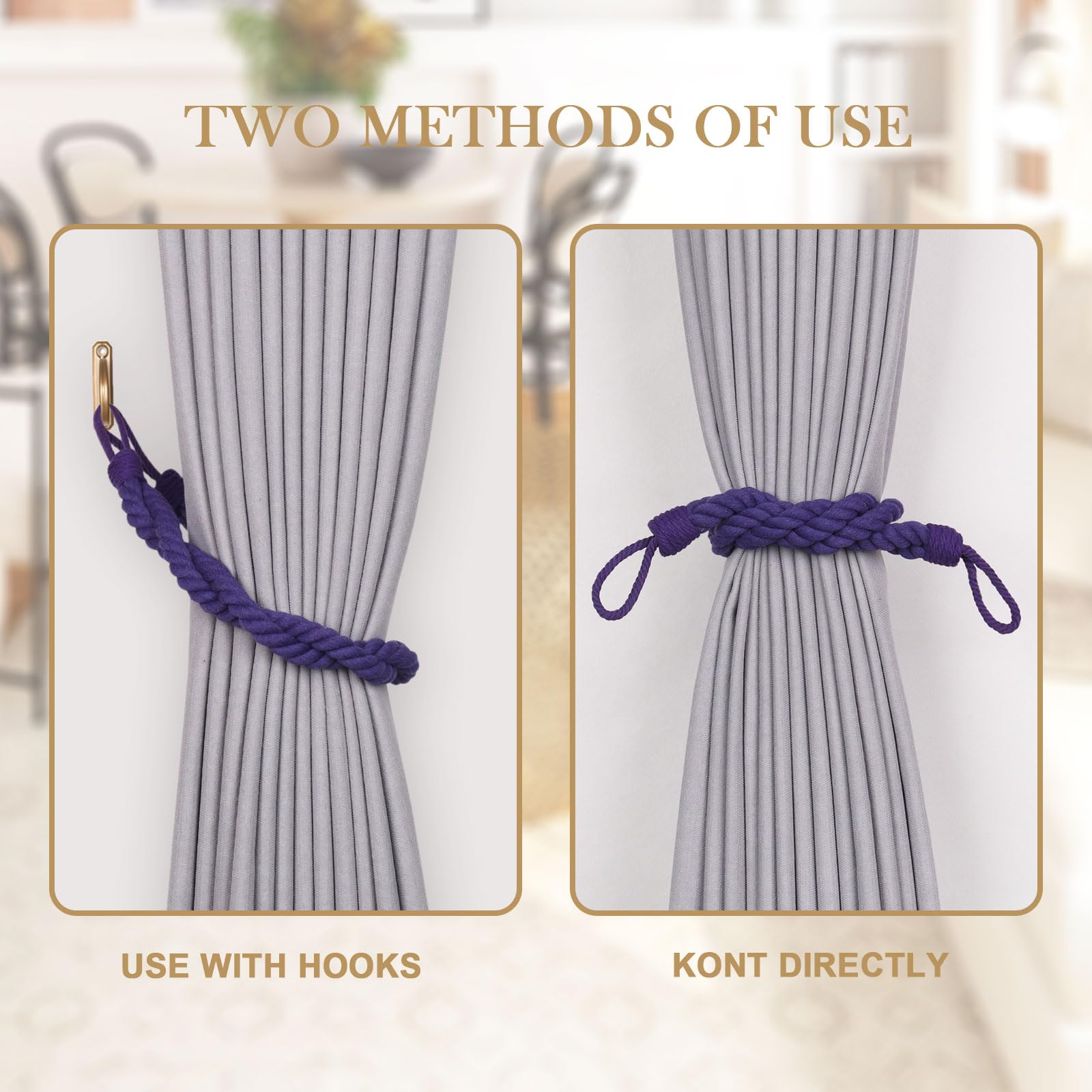 Pretty Jolly 4 Pack Natural Cotton Rope Curtain Tiebacks Elegant Boho Style Decor Drape Tie Backs Soft Hand-Woven Double Rope Curtain Holdbacks with Metal Hook for Home & Office Drapery (Purple) - Image 4
