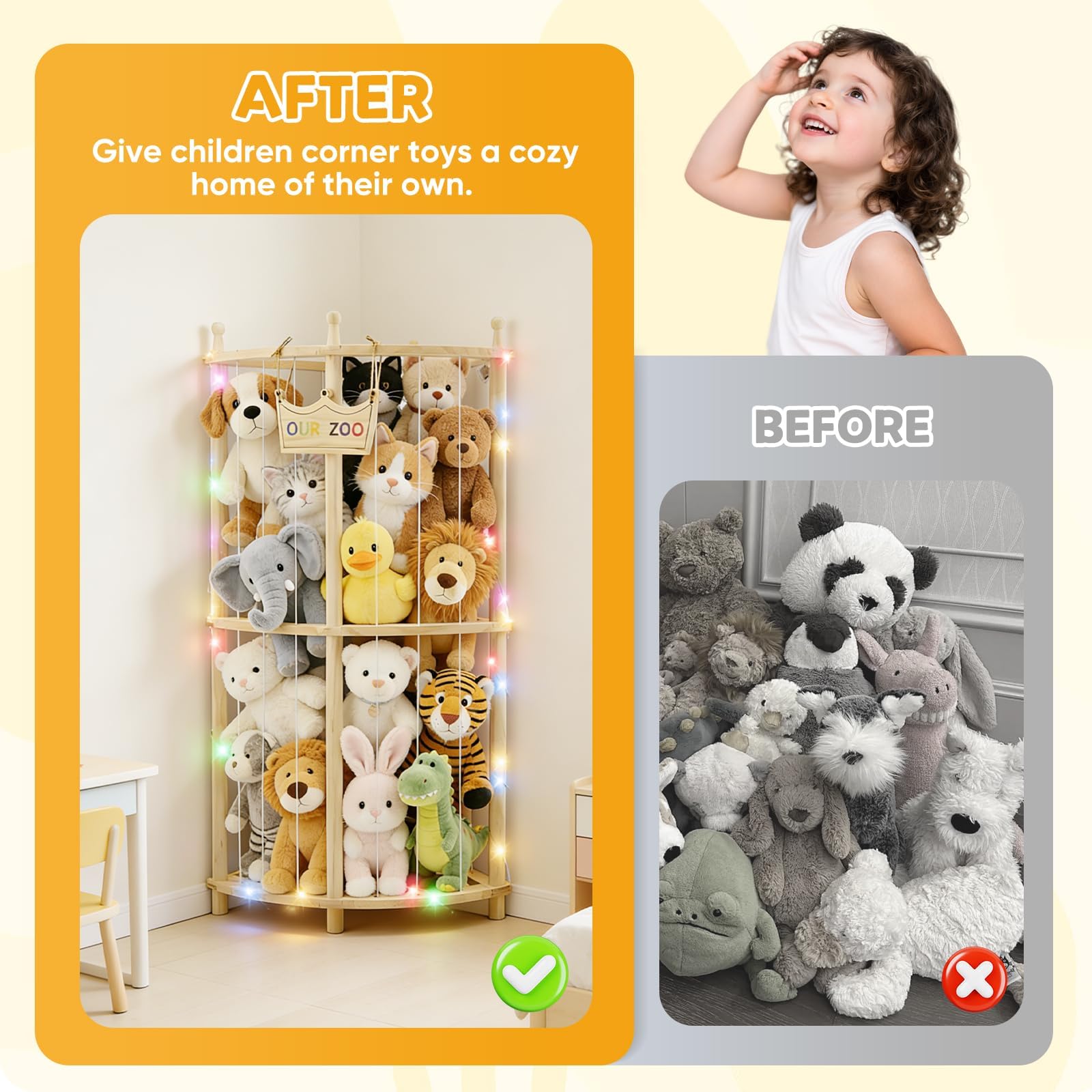 Angolo Porta Peluche 2 Ripiani in Legno Massivo con Luci LED, 96×44×44cm Organizzatore Senza Ruote, Supporto Peluche con Fascia Elastica per Cameretta Bambini, Sala Giochi & Soggiorno