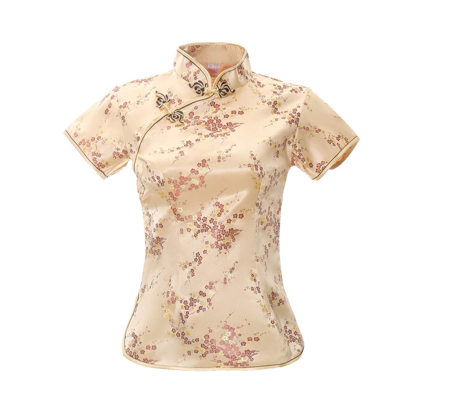 ACVIP Women's Plum Blossom Brocade Qipao Top Stand Collar Short Sleeve Chinese Shirt Blouse (UK 14/Chinese 2XL, Gold)