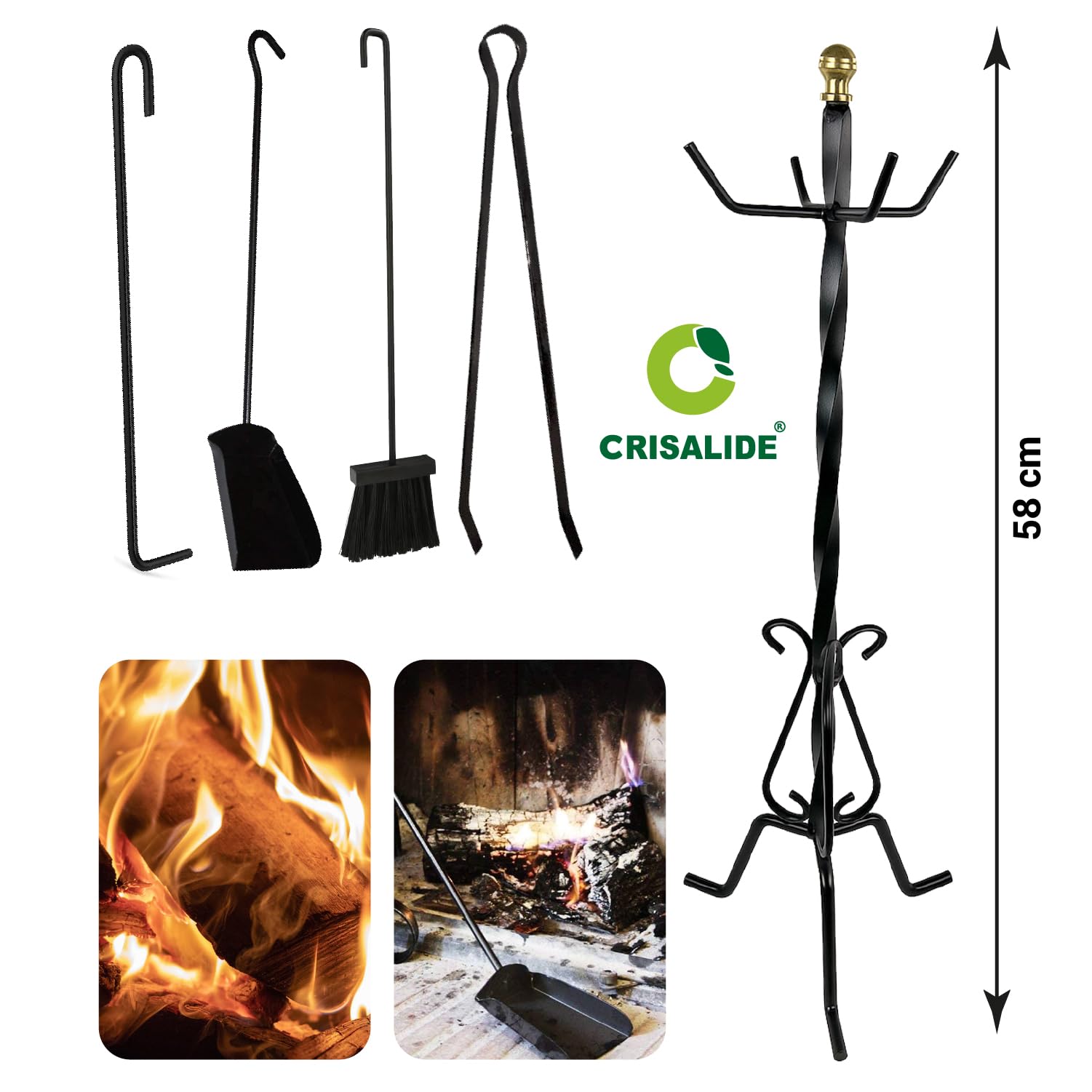 Crisalide® – Set Attrezzi per Camino in Ferro Battuto | 4 Accessori (Scopa, Paletta, Pinza, Attizzatoio) con Supporto da Pavimento | Design Classico Nero Opaco | Altezza 58 cm