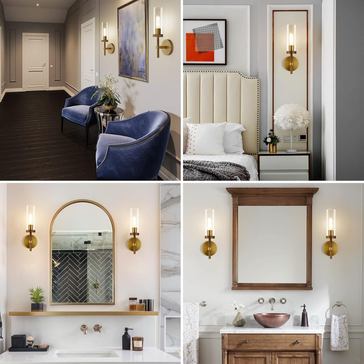 Knurled Wall Sconces Set of Two, Brass Wall Sconce Lights, 14" Gold Bathroom Wall Sconces, Glass Linear Sconce Wall Lighting, Vanity Lights Bathroom Light Fixture Wall Lights for Living Room