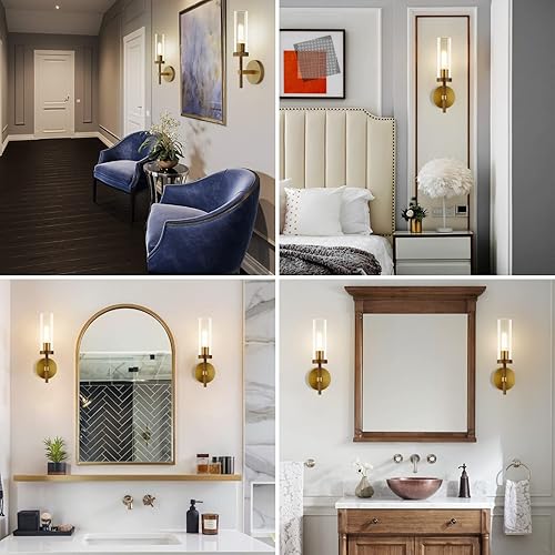 Miniatura 4 de Apliques de pared de latón moleteado para interiores, apliques de tubo de vidrio de 14 pulgadas, apliques de pared dorados para tocador de baño,