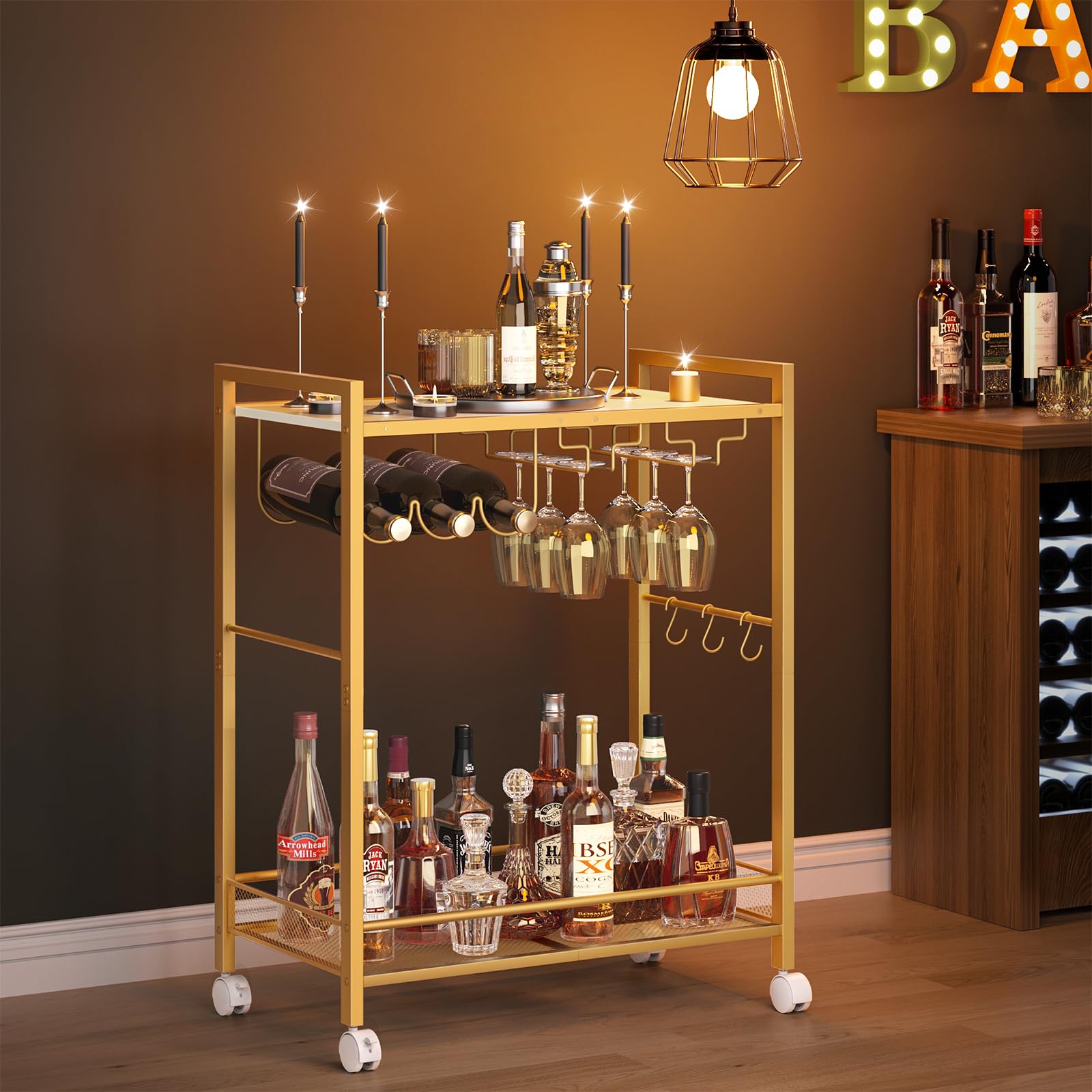 Joaxswe Bar Cart,2-Tier Home Bar Serving Cart with Lockable Wheels,Gold