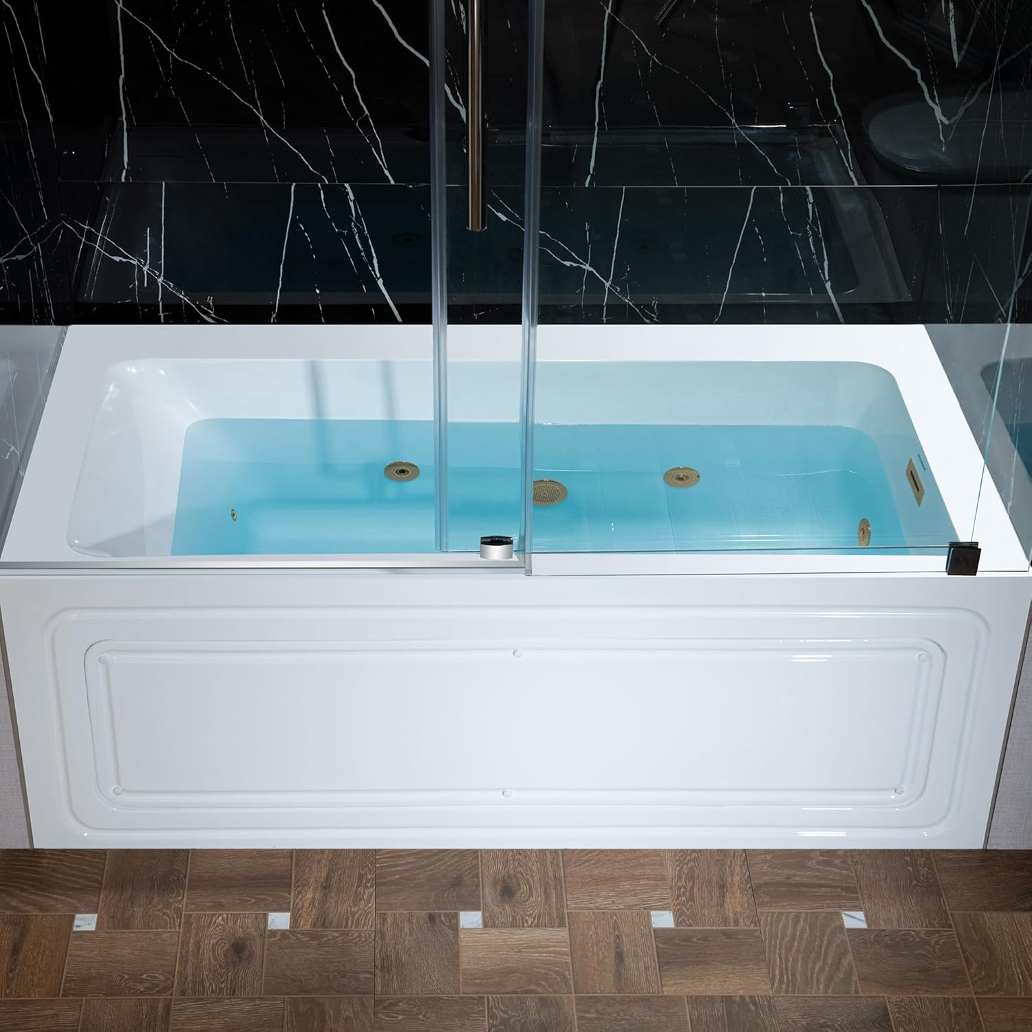 WOODBRIDGE 60" x 32" Alcove Acrylic Rectangular Whirlpool Heated Jetted Tub in White with right Drain, Brushed Gold Finish Trim and Drain Kit Included, BS667-R-BG03 Brushed Gold 60"X32" Right Drain