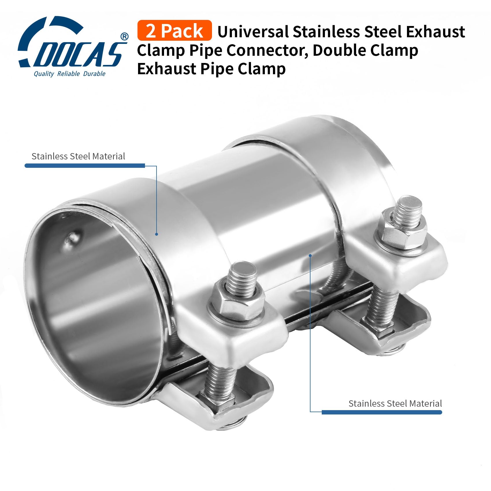 DOCAS 76 mm x 125 mm lunghezza Morsetto per tubo di scarico, morsetti di scarico con doppio morsetto inossidabile universale per auto (2 pezzi