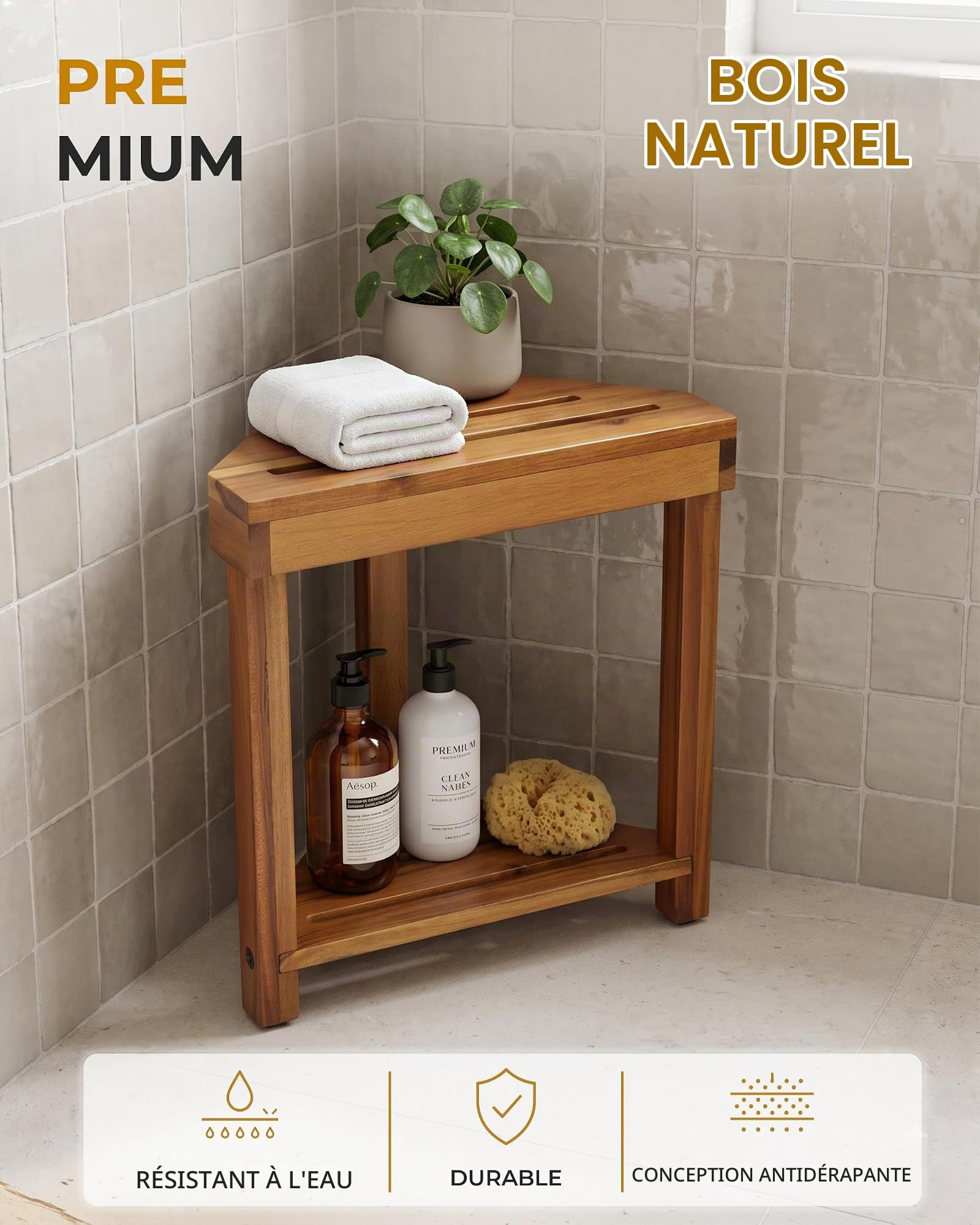 BLUEWEST Repose-pieds de douche, tabouret de douche d'angle en bois pour se raser les jambes, repose-pieds de douche imperméable avec étagère de rangement pour petit espace de douche, sièges de douche