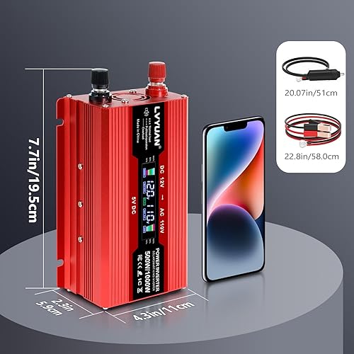 Miniatura 6 de LVYUAN, inversor de corriente para coche de 500 W, 12 V CC a 110 V CA con 2 enchufes de EE. UU., encendedor de cigarrillos, pantalla LCD, puertos