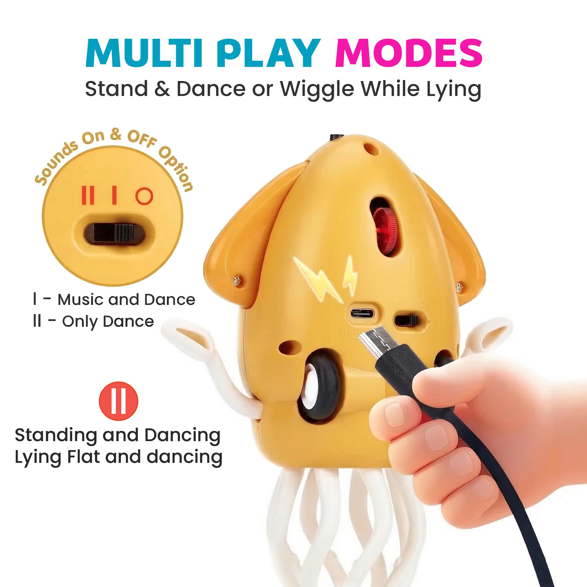Kidology Electric Crawling & Dancing Octopus - Squid Toy | Musical Tummy Time & Learning Toy with Lights for Babies & Toddlers 3–36 Months | Octopus Ideal Birthday for Boys & Girls (Yellow) 3