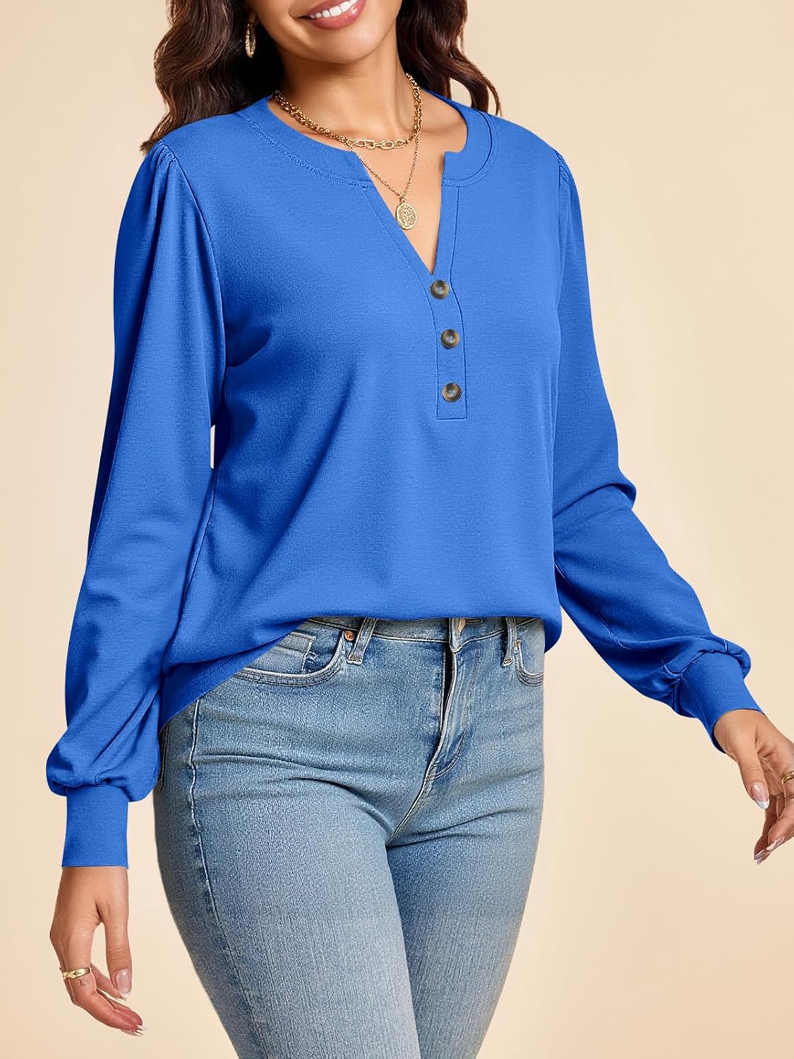 Cicy Bell Womens Puff Long Sleeve Henley Shirts Trendy Casual V Neck Button Up Tunic Tops Loose Fit Basic Tees - Image 3