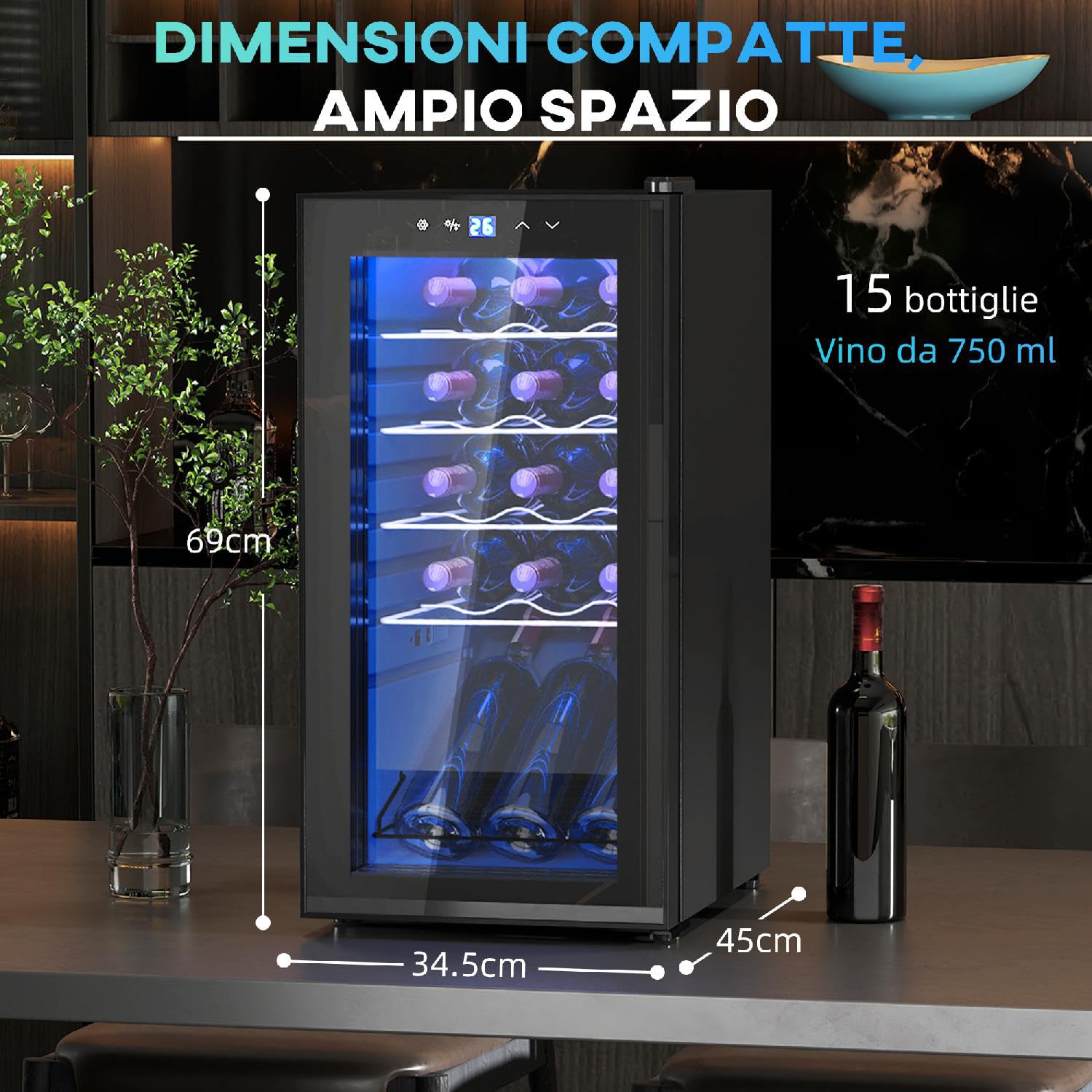 Cantinetta Vino Frigo per 15 Bottiglie Capacità 44L con Controllo Temperatura e Ripiani Regolabili Nero