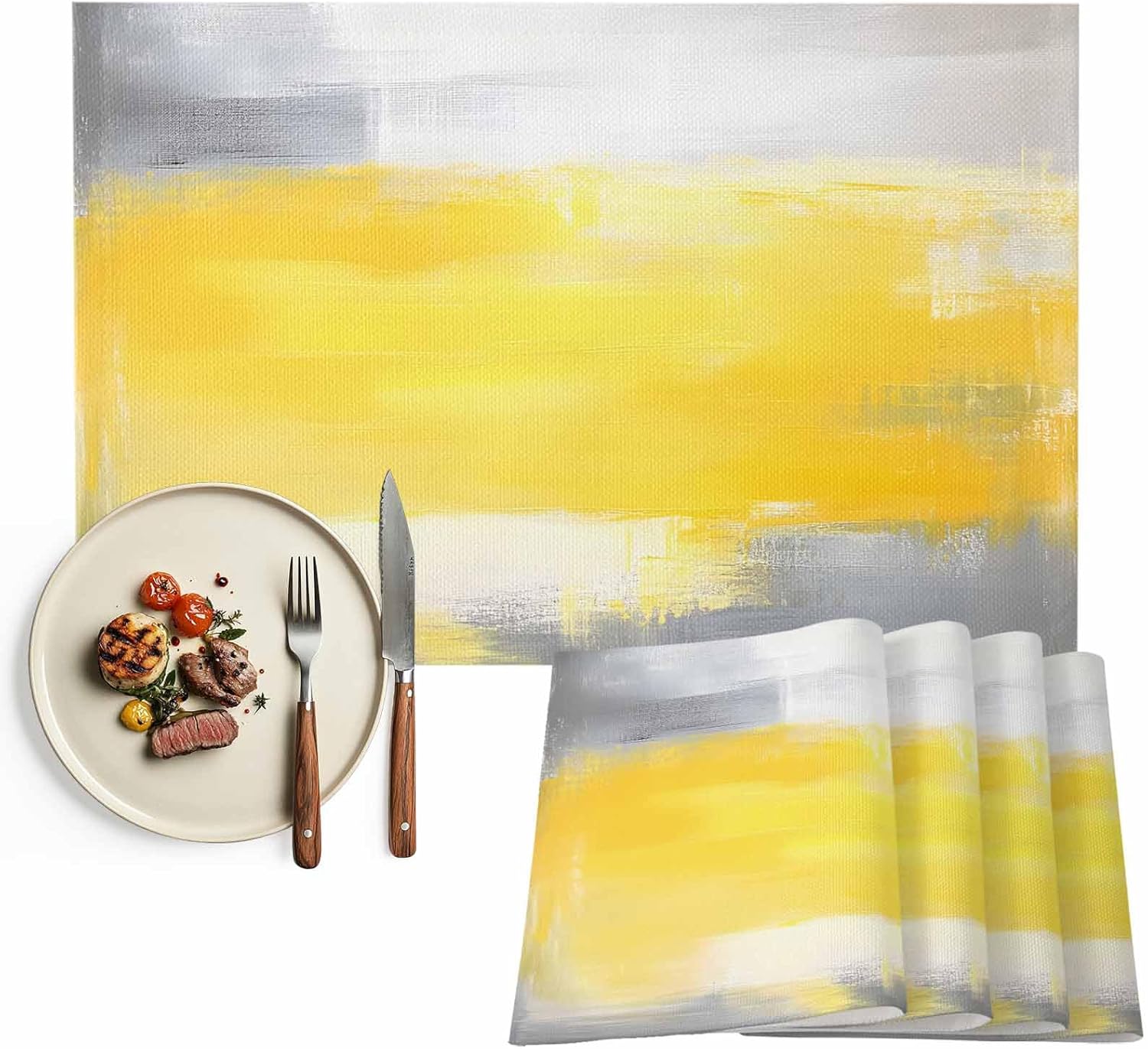 Placemats Set of 6 Watercolor Abstract Blocks Placemats Washable Cloth Yellow Gray Table Mat Heat-Resisting Placemat for Kitchen Party Dining Table Decor, 13 x 19 in