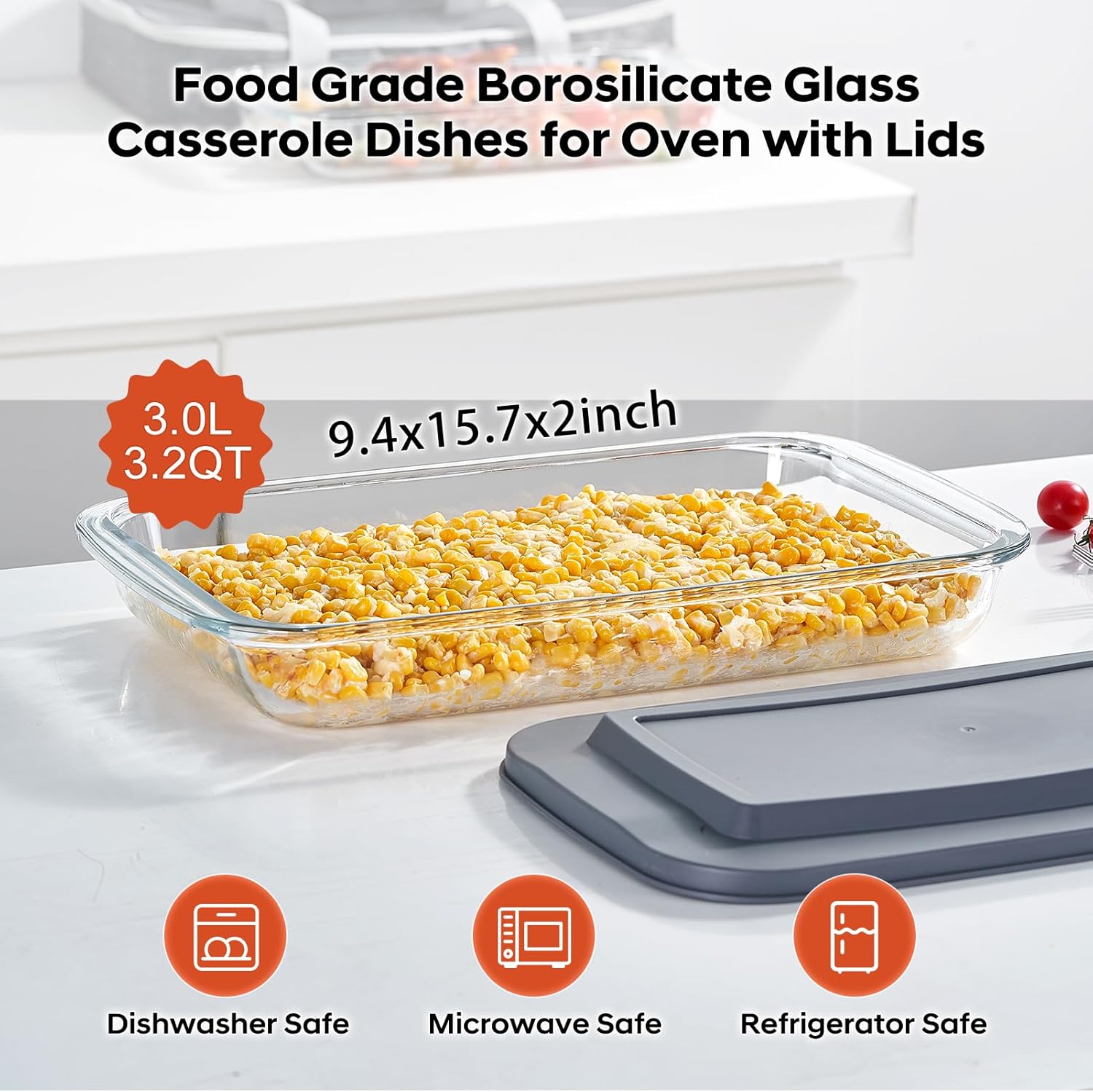 Casserole Dishes for Oven with Lid and Insulated Carrier,Glass Baking Dish for Oven Dishwasher Freezer Safe（3.0L,3.2QT）