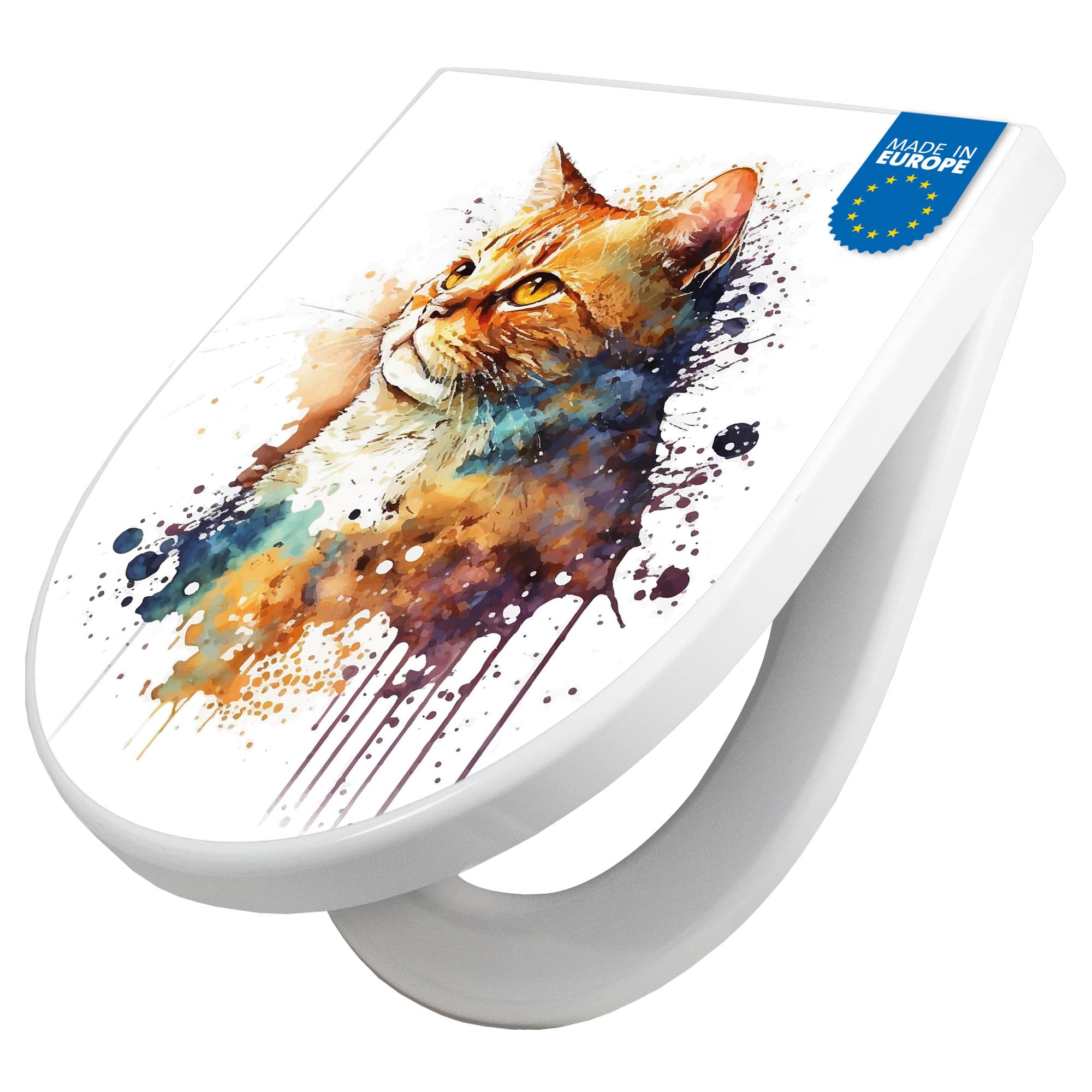 banjado WC Sitz mit Absenkautomatik D Form - Toilettendeckel mit Absenkautomatik D Form - Klodeckel Softclose - stabile Klobrille - Toilettensitz Weiß - Motiv Katzenportrait in Aquarell 1