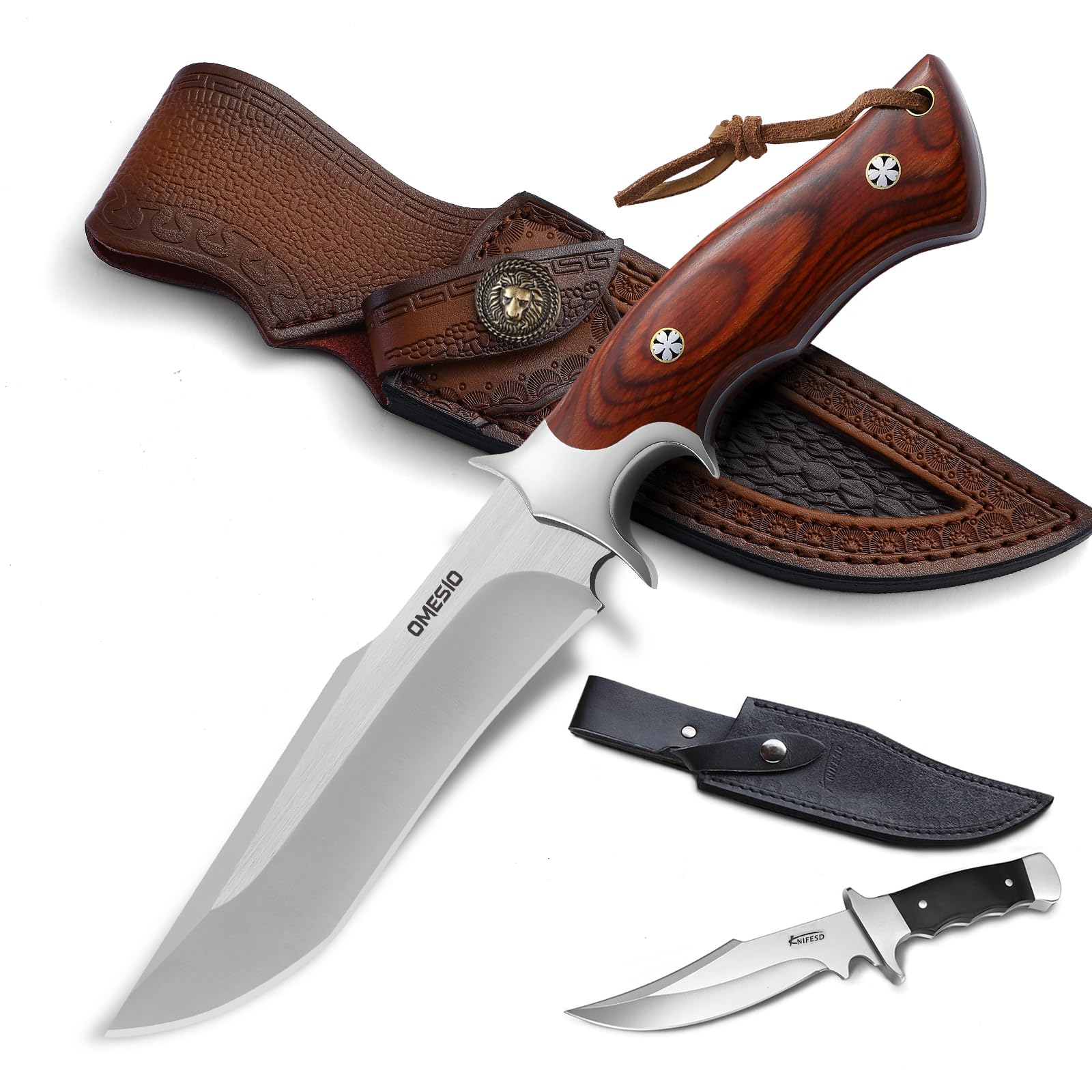 Omesio 2 x Fixed Blade Knife with Sheath, Survival Knives Fulltang EDC Hunting knives with sheath for Men, Wood Handle