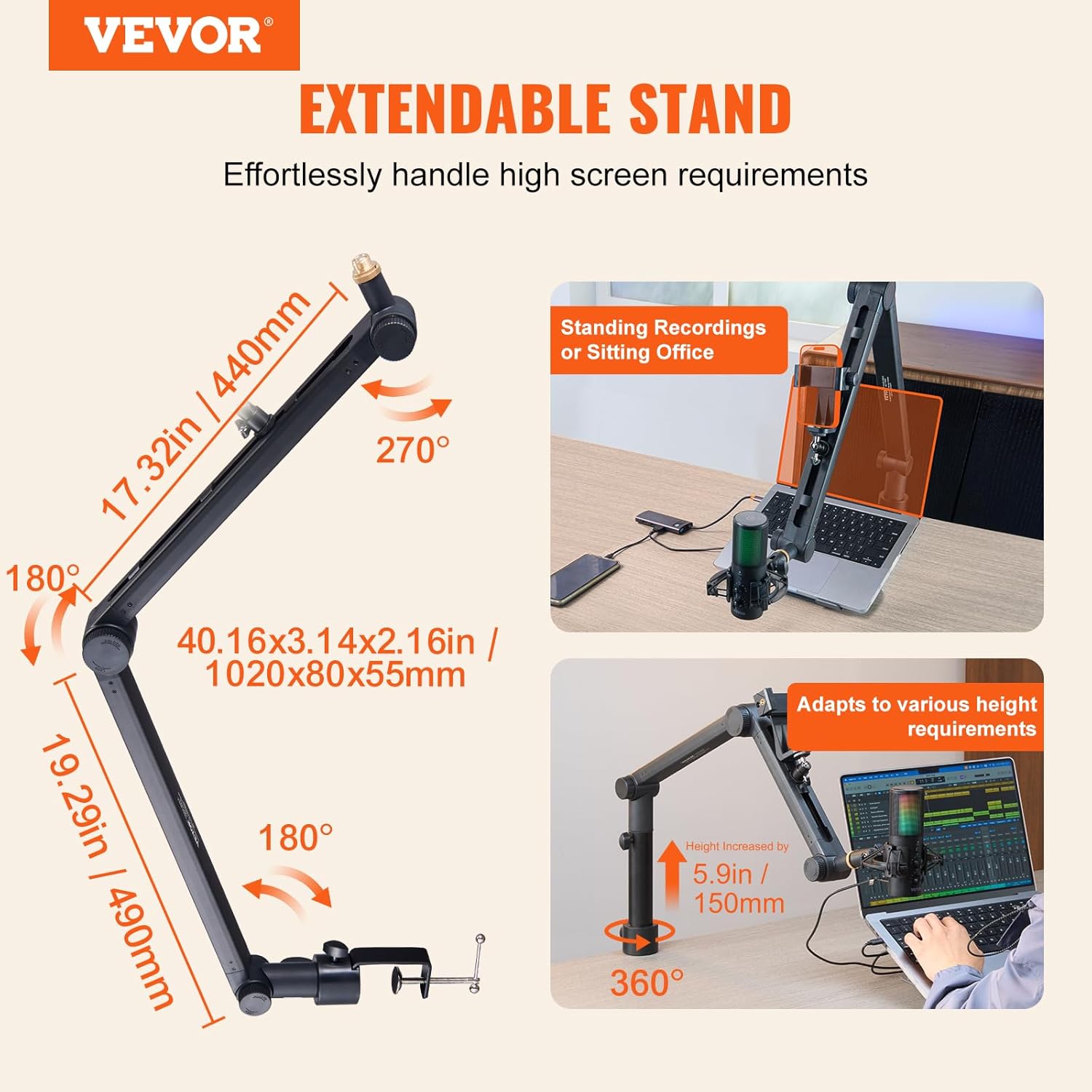 VEVOR Microphone Boom Arm, with Desk Mount Clamp, Adjustable Mic Stand with Cable Management,360° Rotatable,3/8" to 5/8" Adapter, for Recording Studio Streaming Gaming Blue Yeti SM7B Audio Podcast