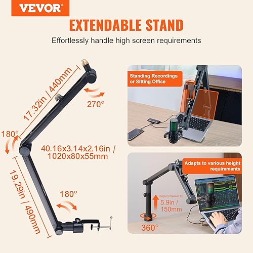 Miniatura 2 de VEVOR Brazo de brazo de micrófono, con abrazadera de montaje de escritorio, soporte de micrófono ajustable con gestión de cables, giratorio de 360,