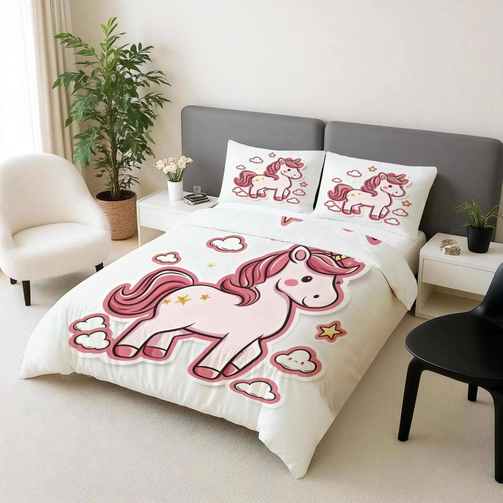 Linge de lit 220x240 cm microfibre parure de couette adulte et enfant motif cheval licorne 3 pièces
