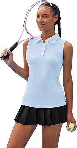 Vista 2 de COOrun Camiseta polo de golf para mujer, sin mangas, camiseta de tenis con protección UV, 50+, secado rápido, con cuello