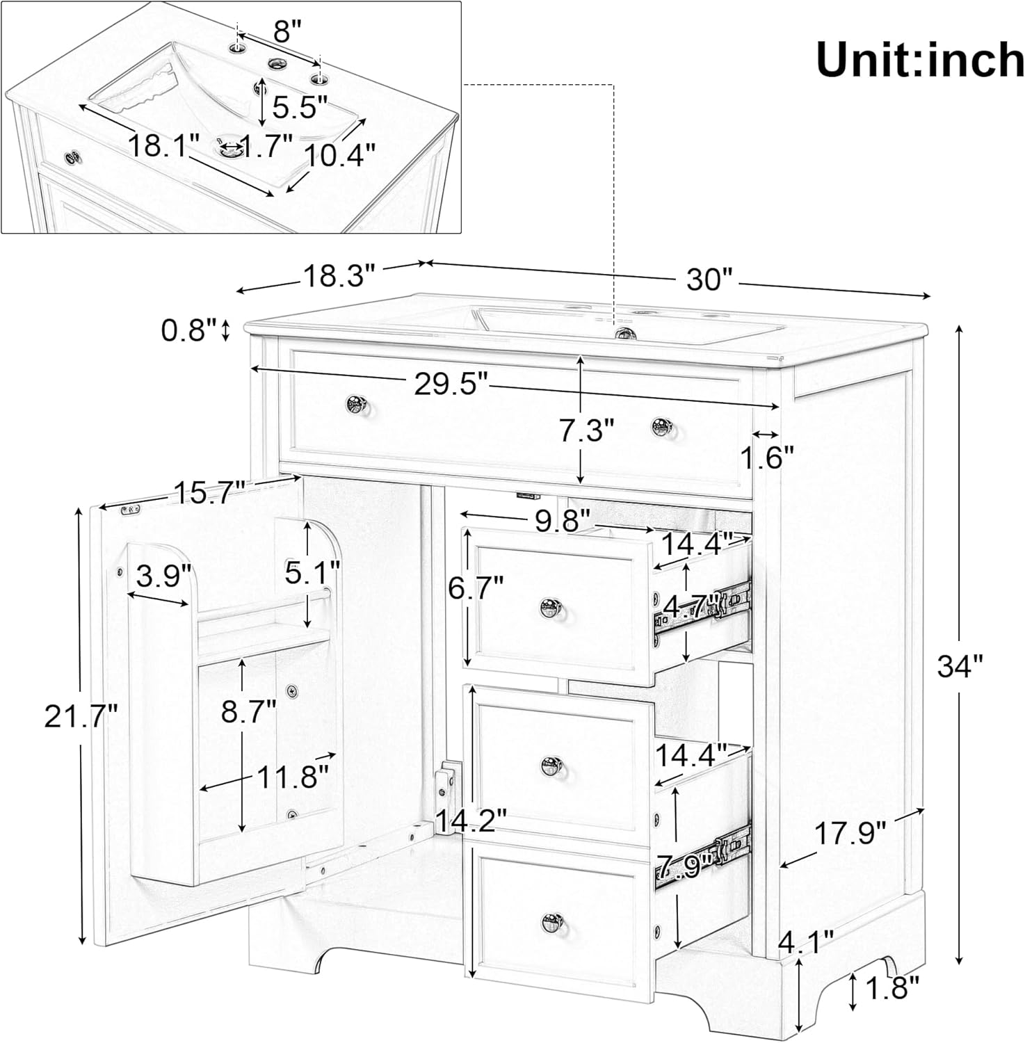 30 Inch Bathroom Vanities Cabinet with Undermount Ceramic Sink, Two Drawers & Storage Door Shelf, Freestanding, White