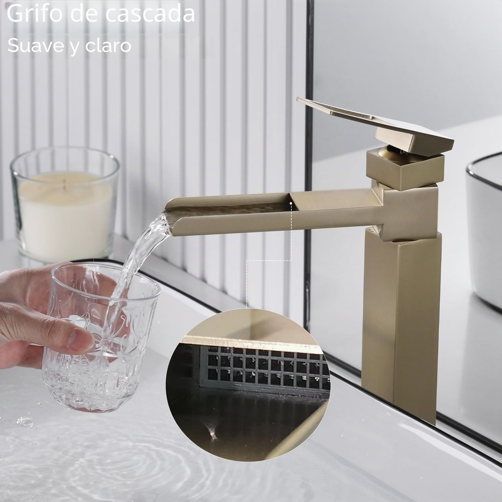 Grifo de lavabo Alto, Grifo de Baño Cascada, Grifo Monomando Lavabo Giratorio de 360°, Agua Fría y Caliente Disponible, Oro Cepillado, 6M4OK-T