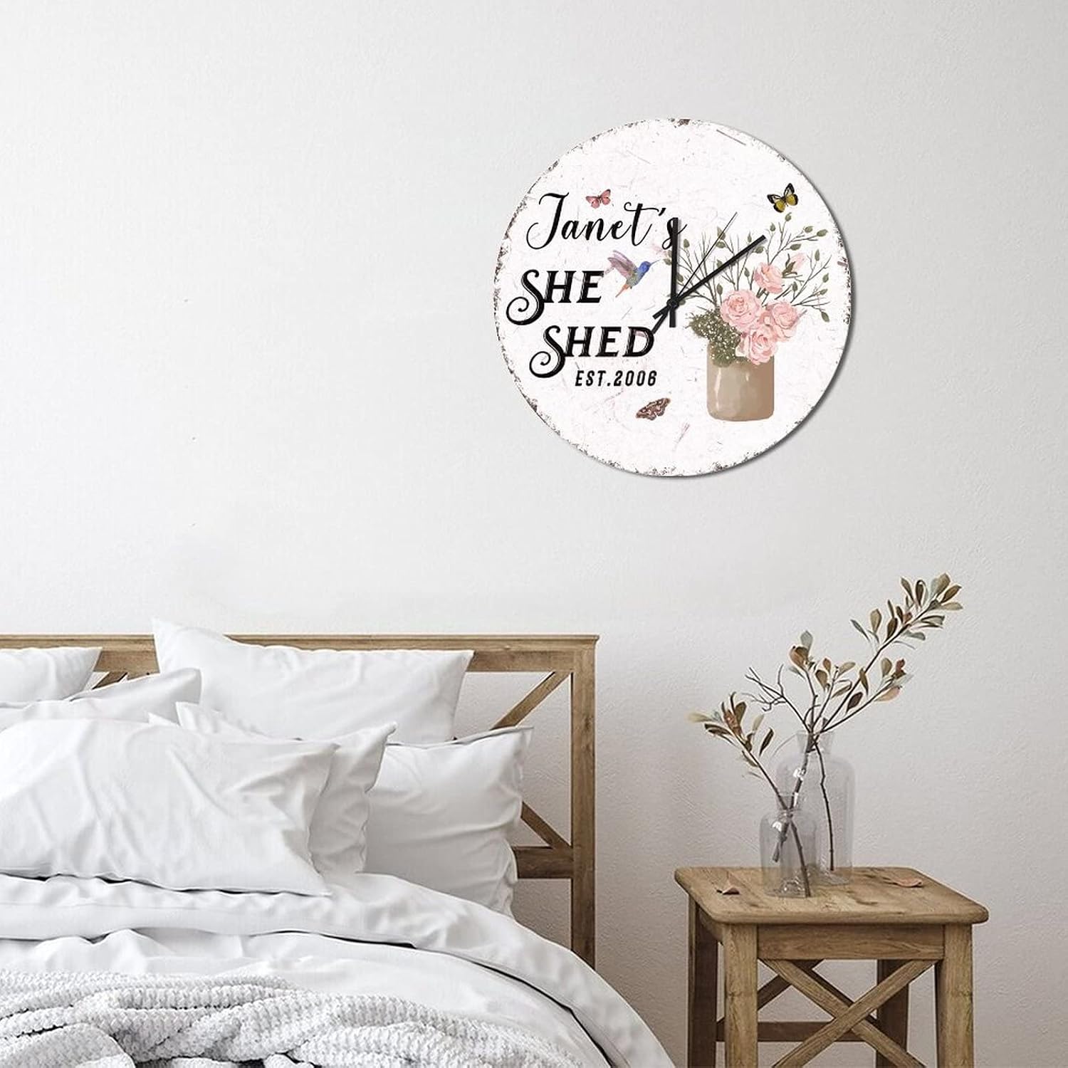Personalized Name She Shed Flowers Decorative Wall Clocks 15 Inch,Farmhouse Round Wood Clock,Retro Hanging Battery Operated Silent Wooden Wall Clock for Bedroom Nursery Home Decor