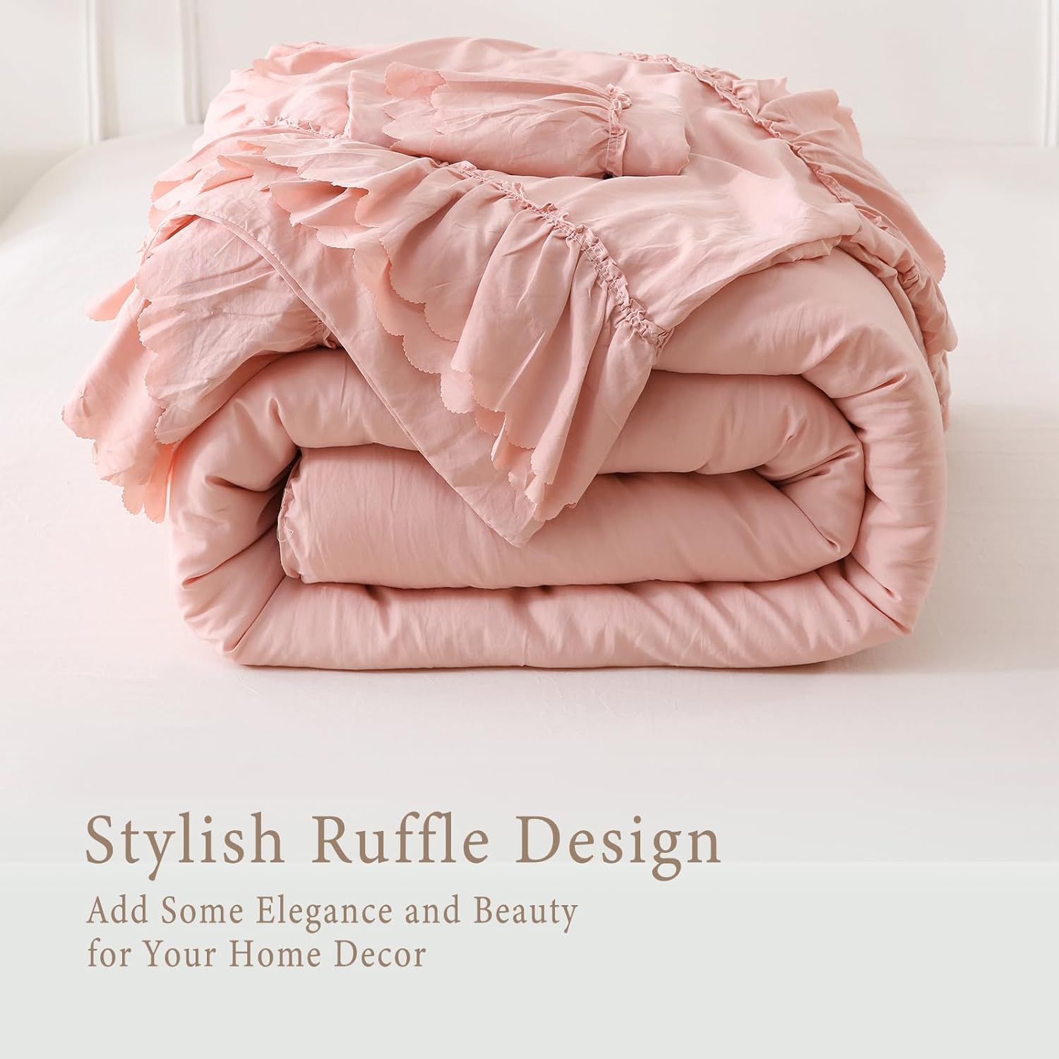 Herside Pink Ruffle Comforter Set King Size,Shabby Chic Boho Bedding Sets, Soft Fluffy Comforters Sets for All Season,Vintage Ruffled 3 Pcs Microfiber Lightweight Quilt Set for Women Girls