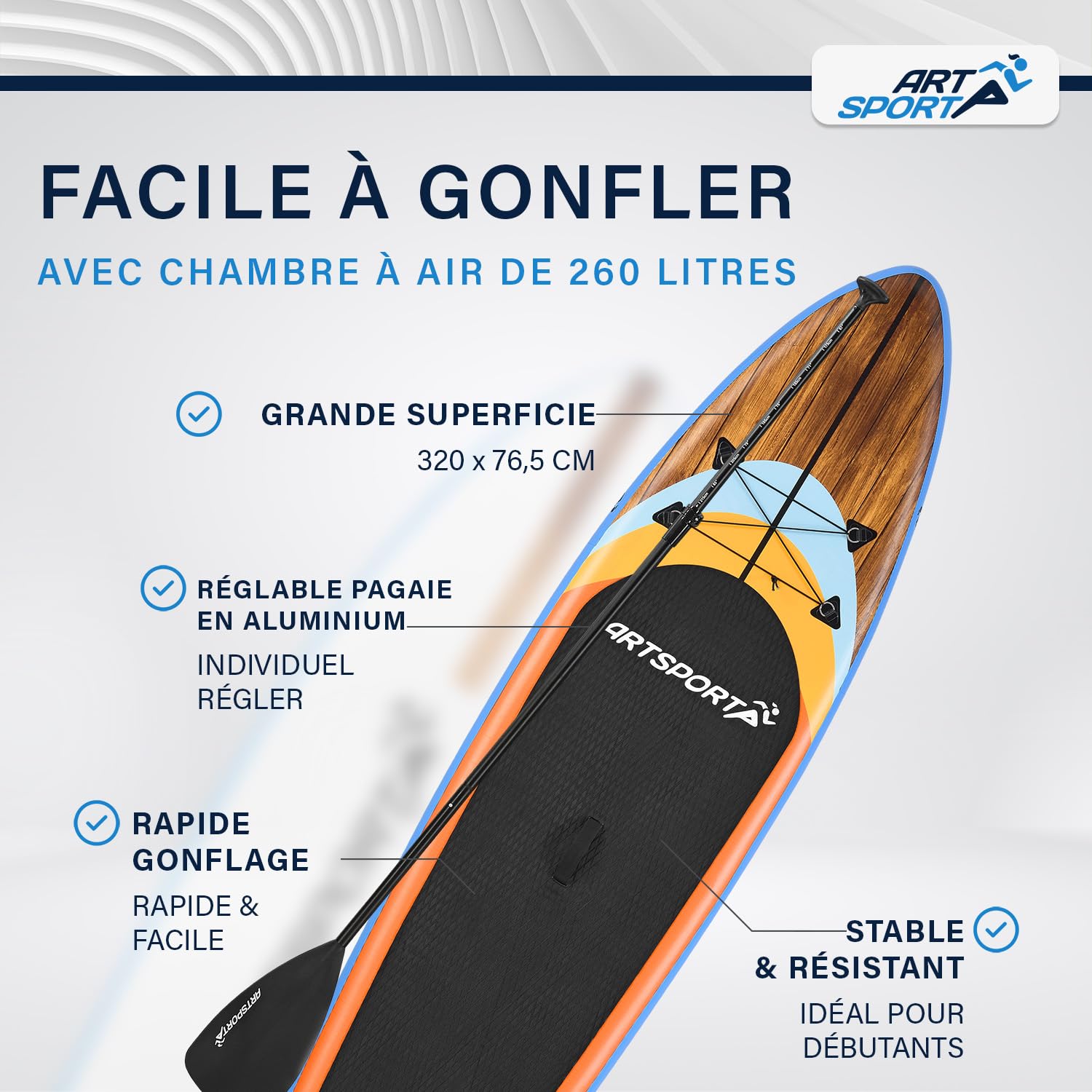 ArtSport Planche de Stand Up Paddle en kit Gonflable 320 cm – 150 kg – Leash, Pompe, pagaie, Sac et Accessoires – Planche de Sup