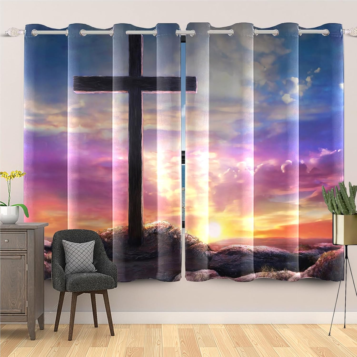 Laeacco Christ Cross Blackout Curtains Crucifixion Resurrection of Jesus Curtain Drapes Holy Lights Sunrise Window Curtains for Easter Christian Church Home Bedroom Living Room 42x84 Inch, 2 Panels