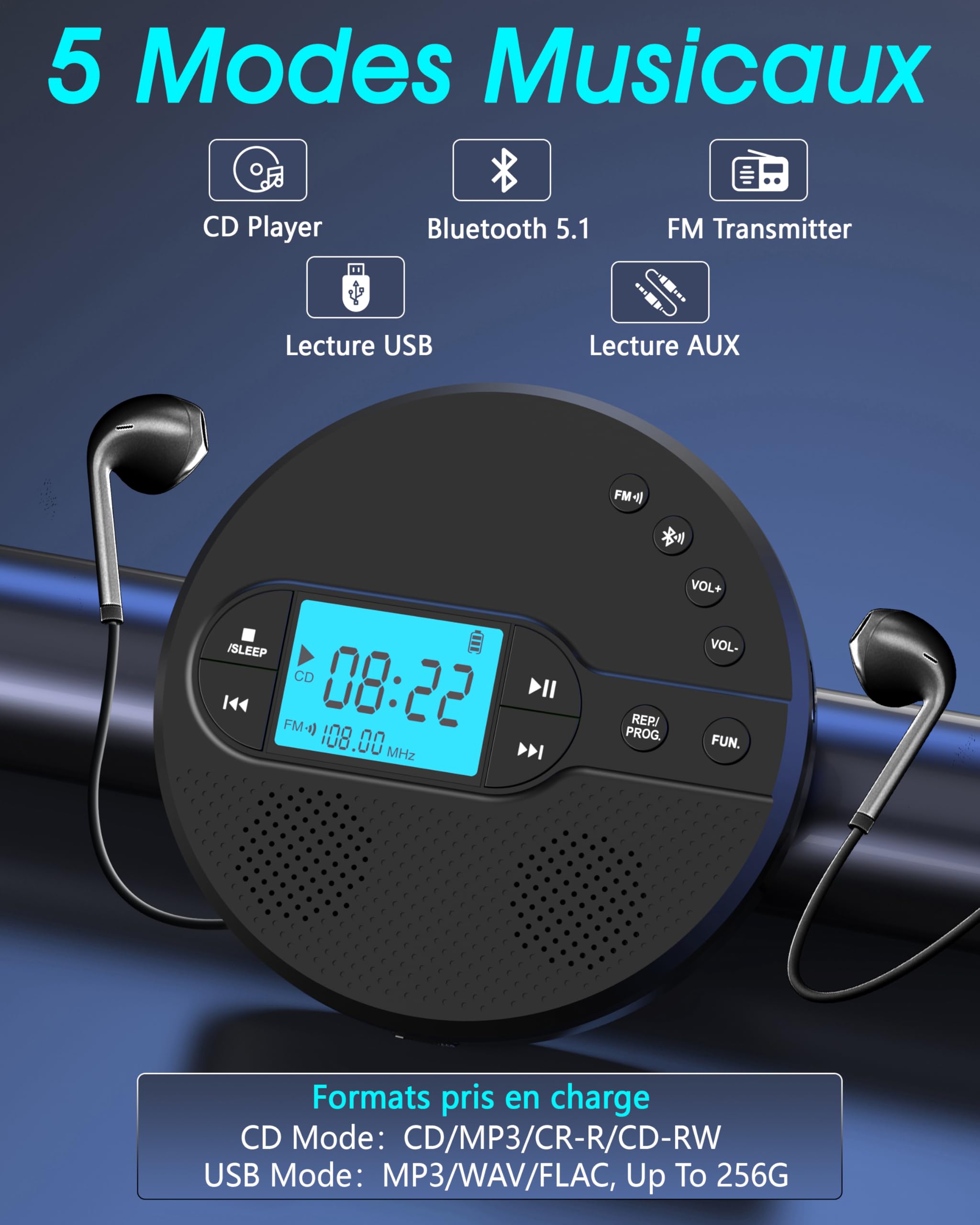 Greadio Lecteur CD Bluetooth 2025 Portable, Lecteur CD Discman avec 2000 mAh, transmetteur FM Compatible, USB, AUX, CD Player avec Casque et Anti-basculement/résistant aux Chocs (Noir)