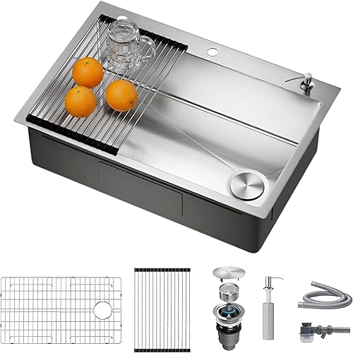 33"x22"x10" Drop in Kitchen Sink Topmount 16 Gauge S304 Stainless Steel Kitchen Sinks with Pop-Up Drain Single Bowl Deep Sink with Accessories fregaderos de cocina modernos (Right-Side Drain)