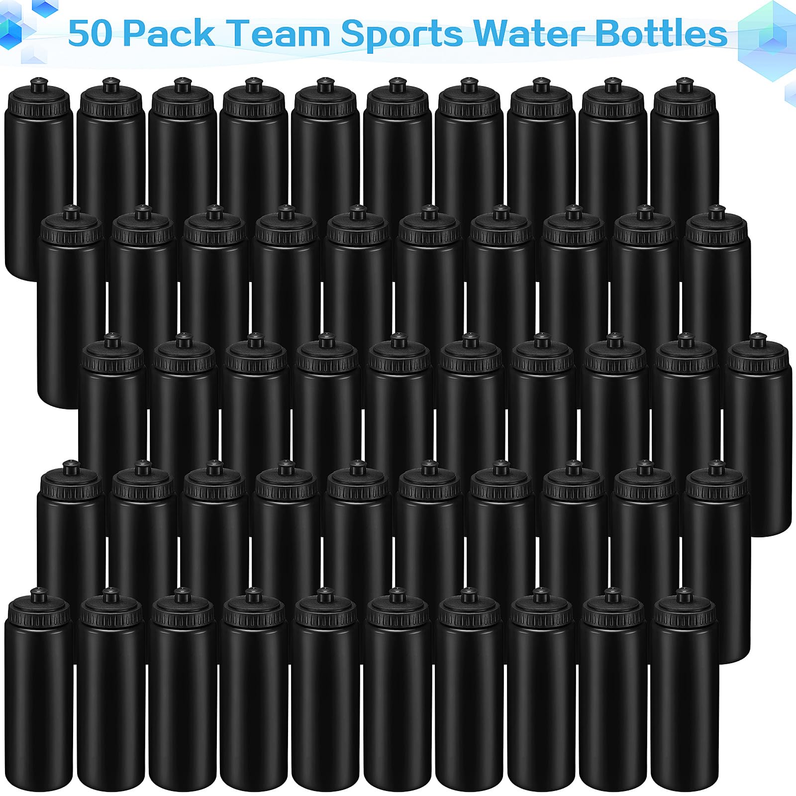 Dandat Wiederverwendbare Wasserflaschen für Jungen und Erwachsene, 680 ml, Kunststoff, mit Zugverschluss, Team-Sportflaschen für Fitnessstudio, Fußball, Cheer, Partyzubehör, Schwarz, 50 Stück