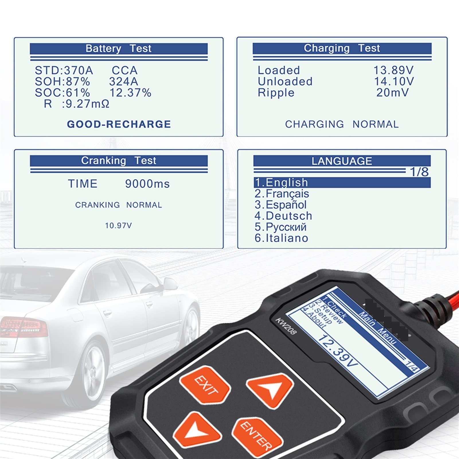 Probador de Batería, Probador de batería digital Kw208 PRINCIPAL DE LA BATERÍA COCHES SISTEMA CARGA 12V Herramienta prueba Motor Automotriz Capacidad la