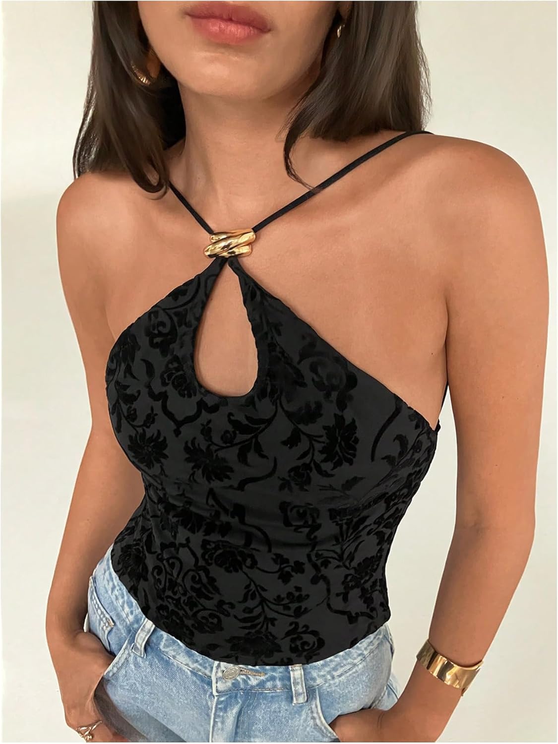 MakeMeChic Women's Floral Cami Top Sleeveless Cut Out Open Back Summer Halter Tops - Image 3