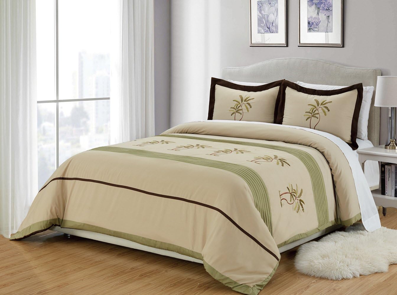 Grand Linen 3-Piece Duvet Cover Set in Sage Green/Beige/Brown Colors. Tropical Palm Tree Embroidered Set - Luxury, Ultra Soft and Durable - King Size