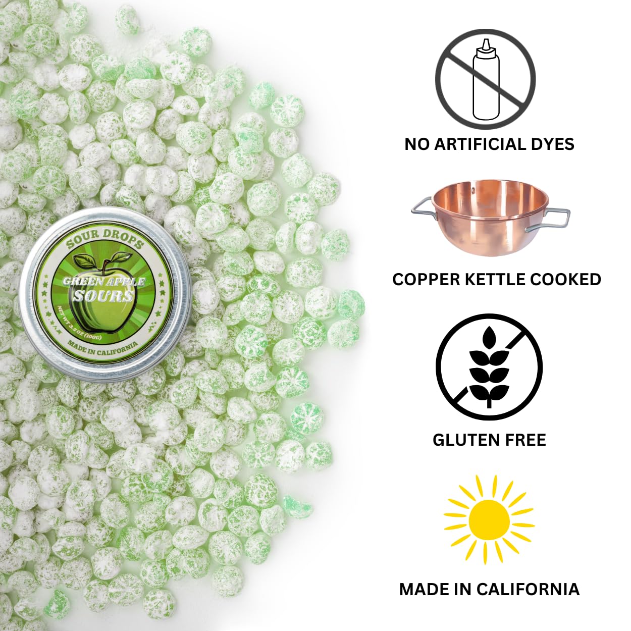 Sour Drops - Green Apple Sour Hard Candy - Small Batch - No Artificial Dyes, Vegan & Gluten Free - 3 Gift Tins (100g Each)
